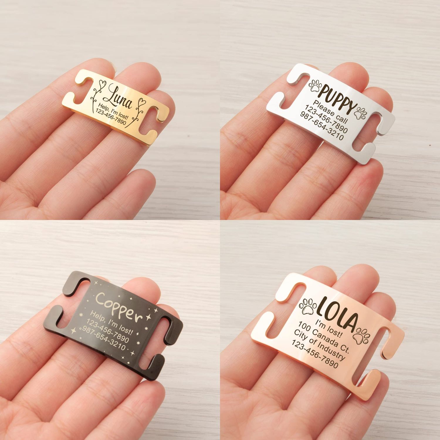 Anavia Slide On Silent Pet ID Tags, Fun Wild Flower Frame Design Personalized Engraved Plated Stainless Steel Cat Dog Name Tags, Glossy Customized Chew-Proof Quiet Dog Collar Tags (Medium, Gold)
