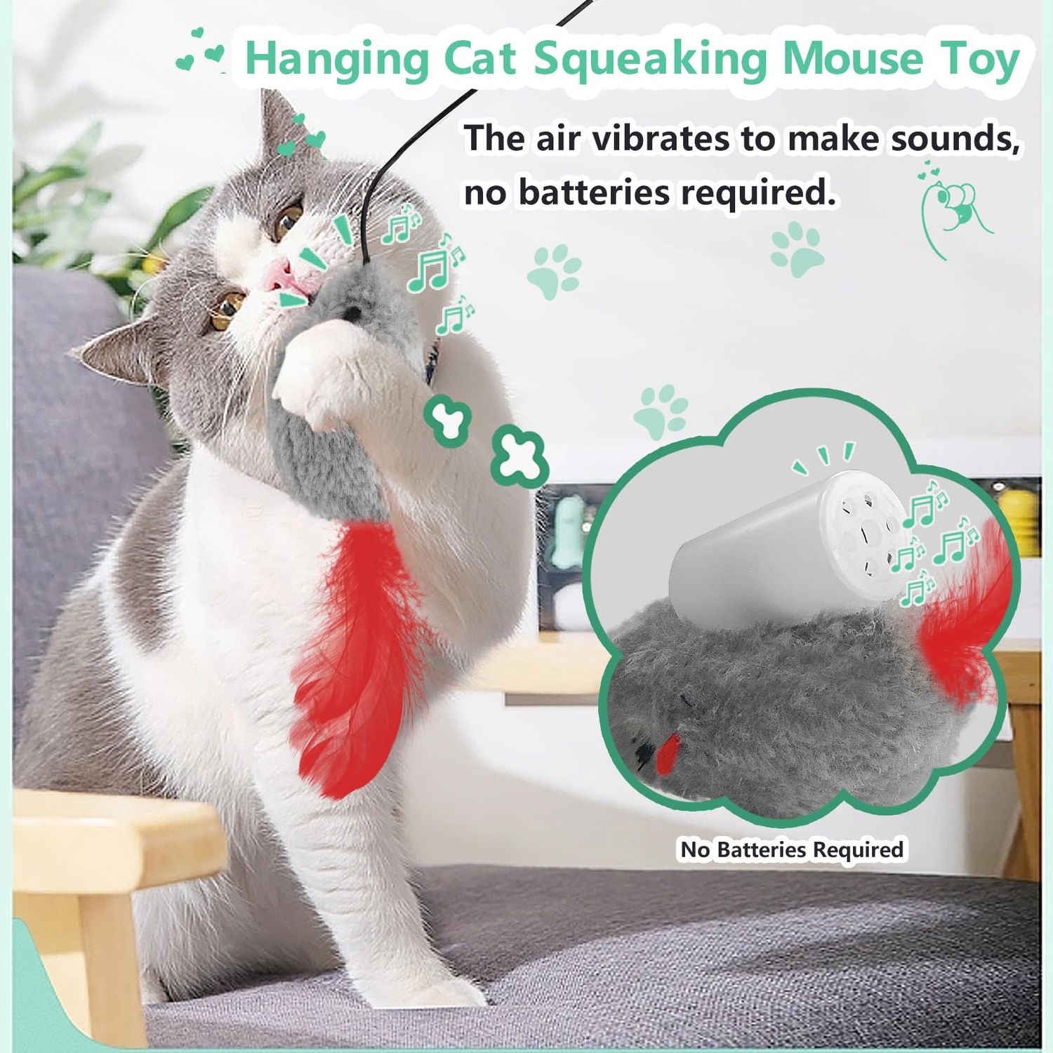 FYNIGO Self Play Cat Toys,2 Pack Door Hanging Cat Mouse Toy with Squeaky Sound,No Batteries Required,Interactive Cat Enrichment Toys for Bored Indoor Adult Cats,Cat Boredom Toys Mice with Feather Tail