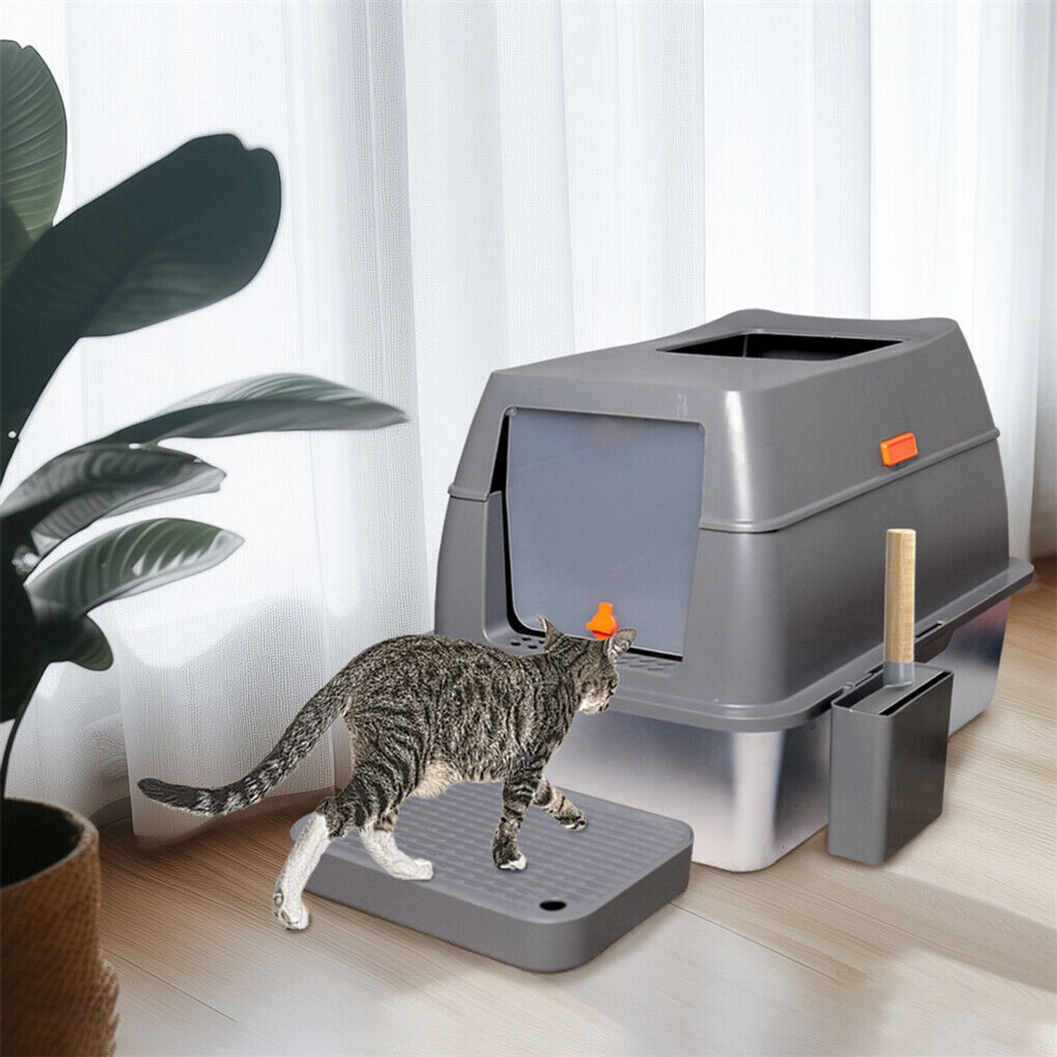 Large Enclosed Cat Litter Pan Easy Cleaning Stainless Steel Cat Toilet Box w Lid