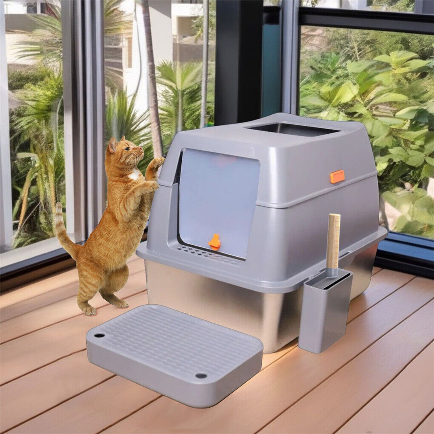 Large Stainless Steel Cat Litter Box Enclosed Cat Litter Tray w Sand Filter Peda