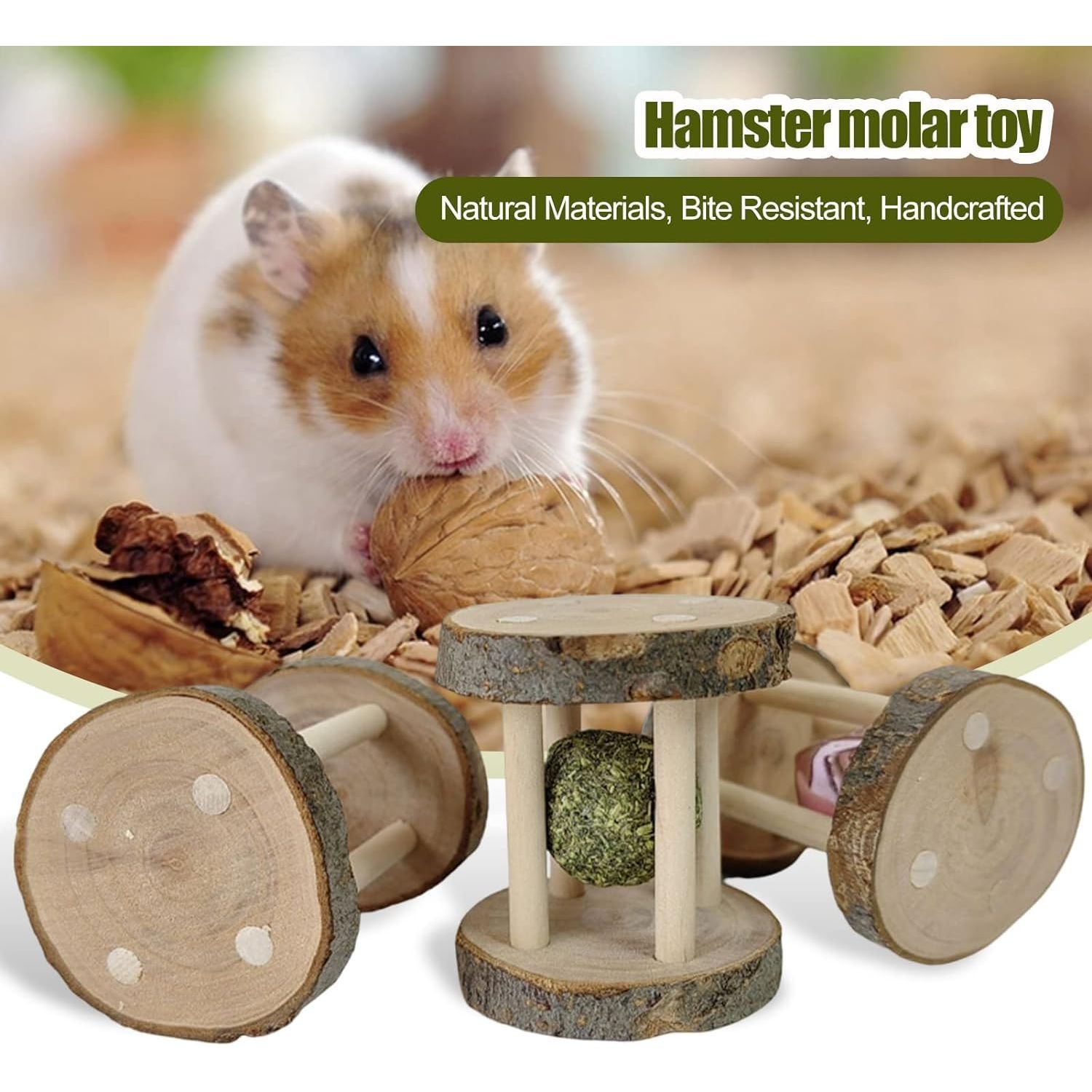 BWESOO Hamster Rabbit Chew Toy Natural Wooden Play Toy, Wood Teeth Grinding Toy with Bell for Parrot, Rabbit, Chinchilla, Guinea Pig, Hamster Small Animals Toys for Pet Supplies
