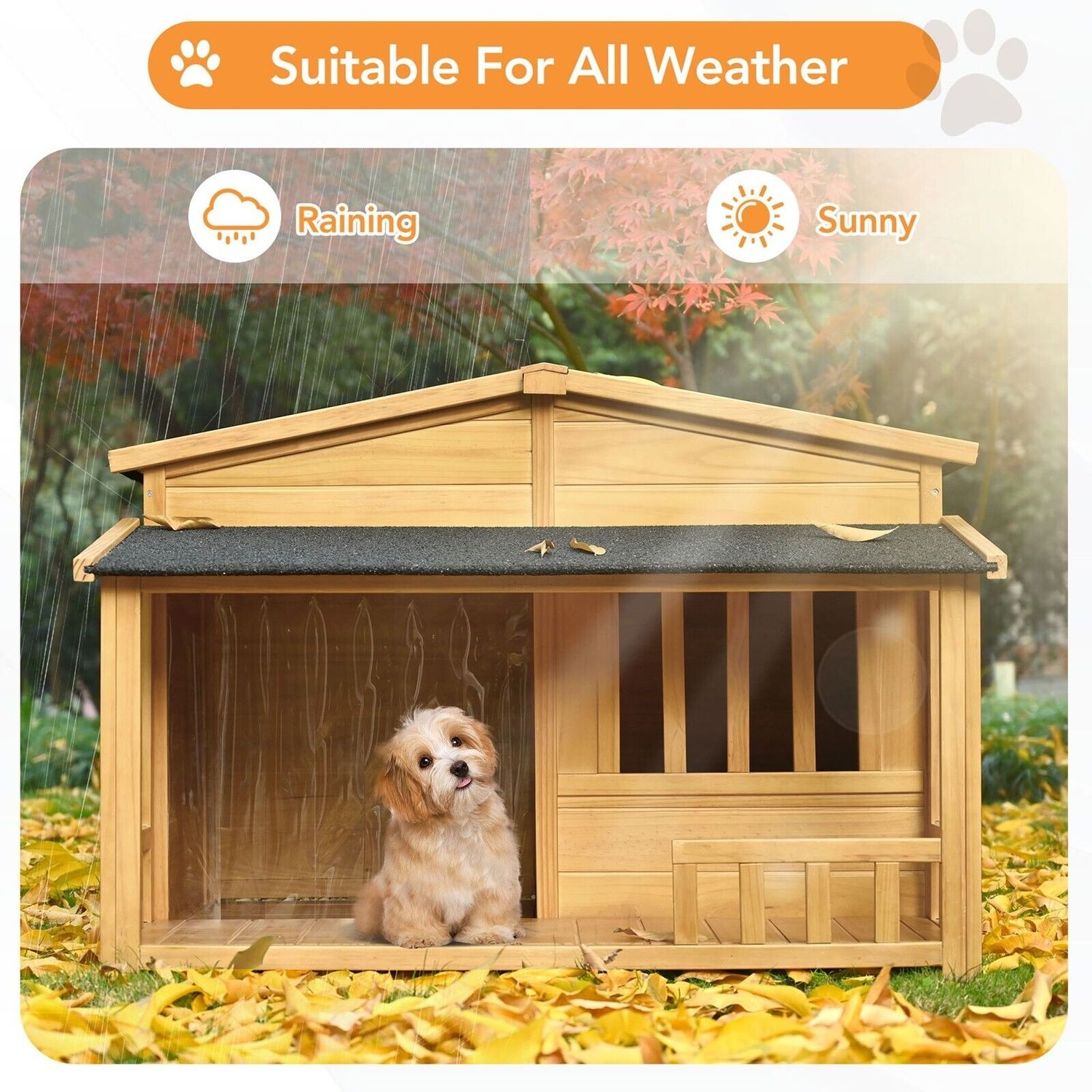 Outdoor Wooden Raised Dog House Pet Kennel w/ Porch, Medium, 40 lbs
