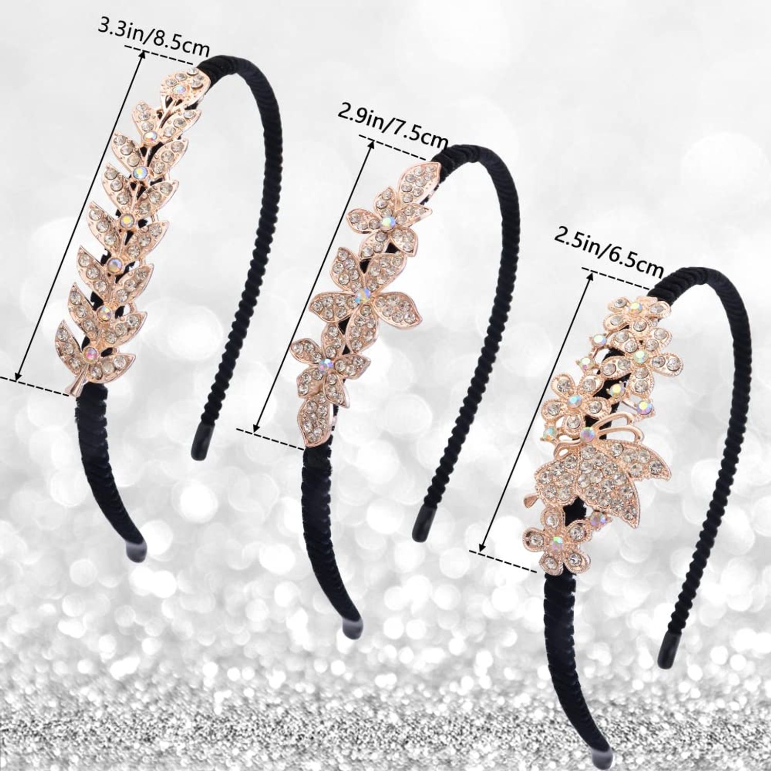 TCOTBE 3 Pcs Crystal Hair Band Fashion Hairbands for Girls Leaf Butterfly Flower Jewelry Rhinestone Hoop Elegant Hair Pieces Bling Wedding Bride Hair Accessory