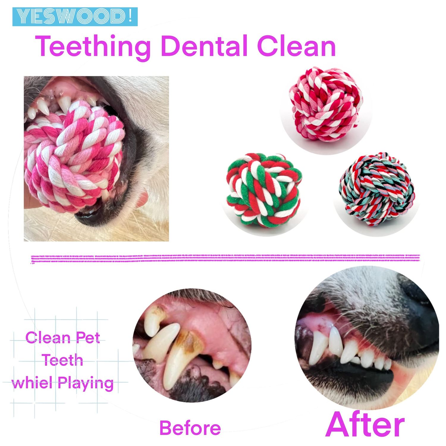 YESWOOD! Puppy Toys Small Rope Balls for Teething, Puppy Chew Pink Toy,Pet Friendly Washable Dog Toy Rope Ball for Small and Medium Dogs 0-60 Pounds(3-Pack)