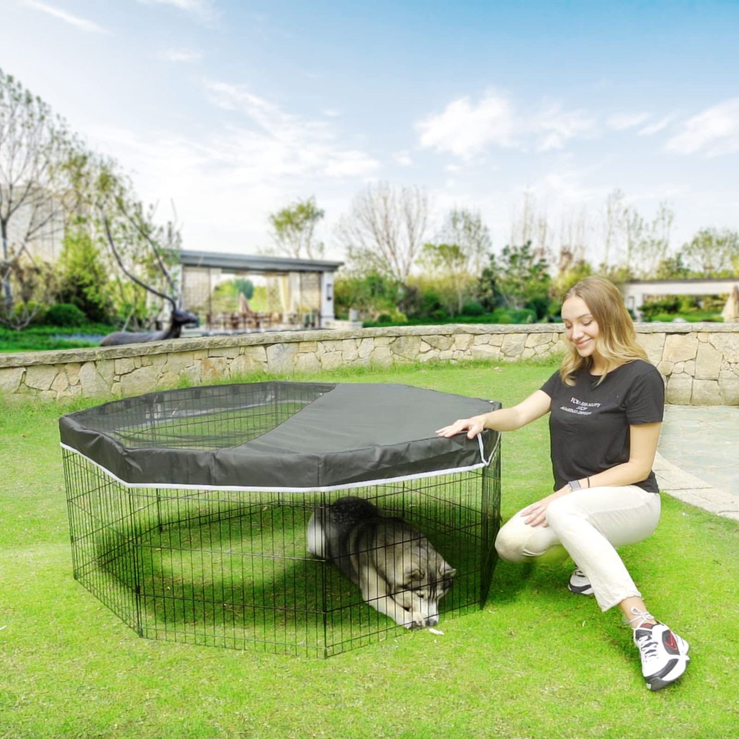 PJYuCien Dog Playpen Mesh Top Cover, Fits 24 Inch 8 Panels Regular Octagon Metal Exercise Pet Playpen, Velcro Connections, Black (Note: Cover Only, Playpen Not Included !!!)