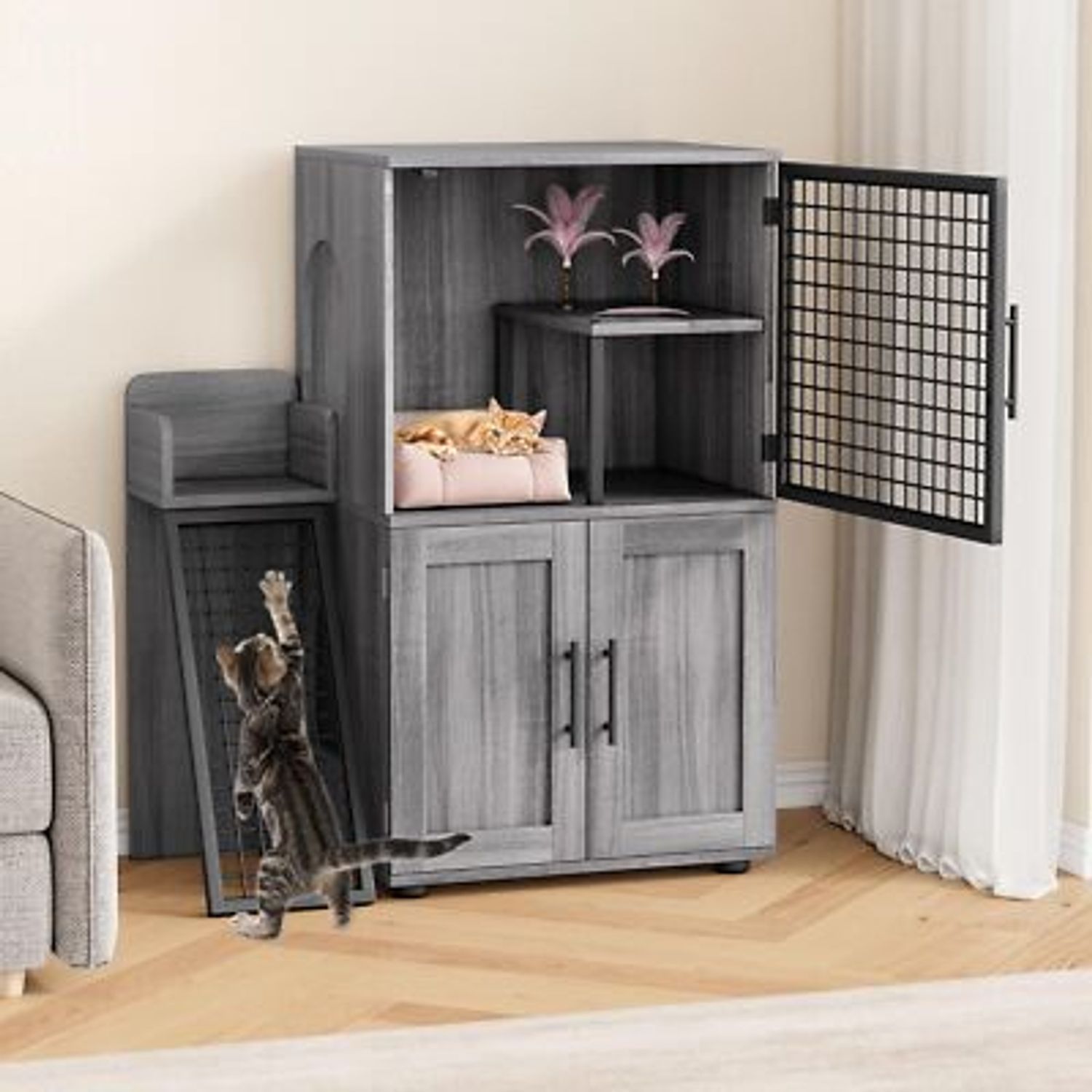 Cat Litter Box Enclosure Furniture w/Platform ,Modern Cat Litter Box with Ladder