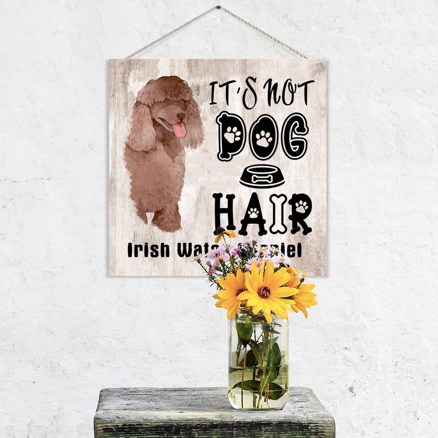 WengBeauty It's Not Dog Hair It's Irish Water Spaniel Retro Wall Art Wood Hanging Wall Plaque Sign Funny Farmhouse Wooden Hanging Sign Plaque with Rope for Farm, Dog house, Dog Lovers Gifts 8x8 Inch