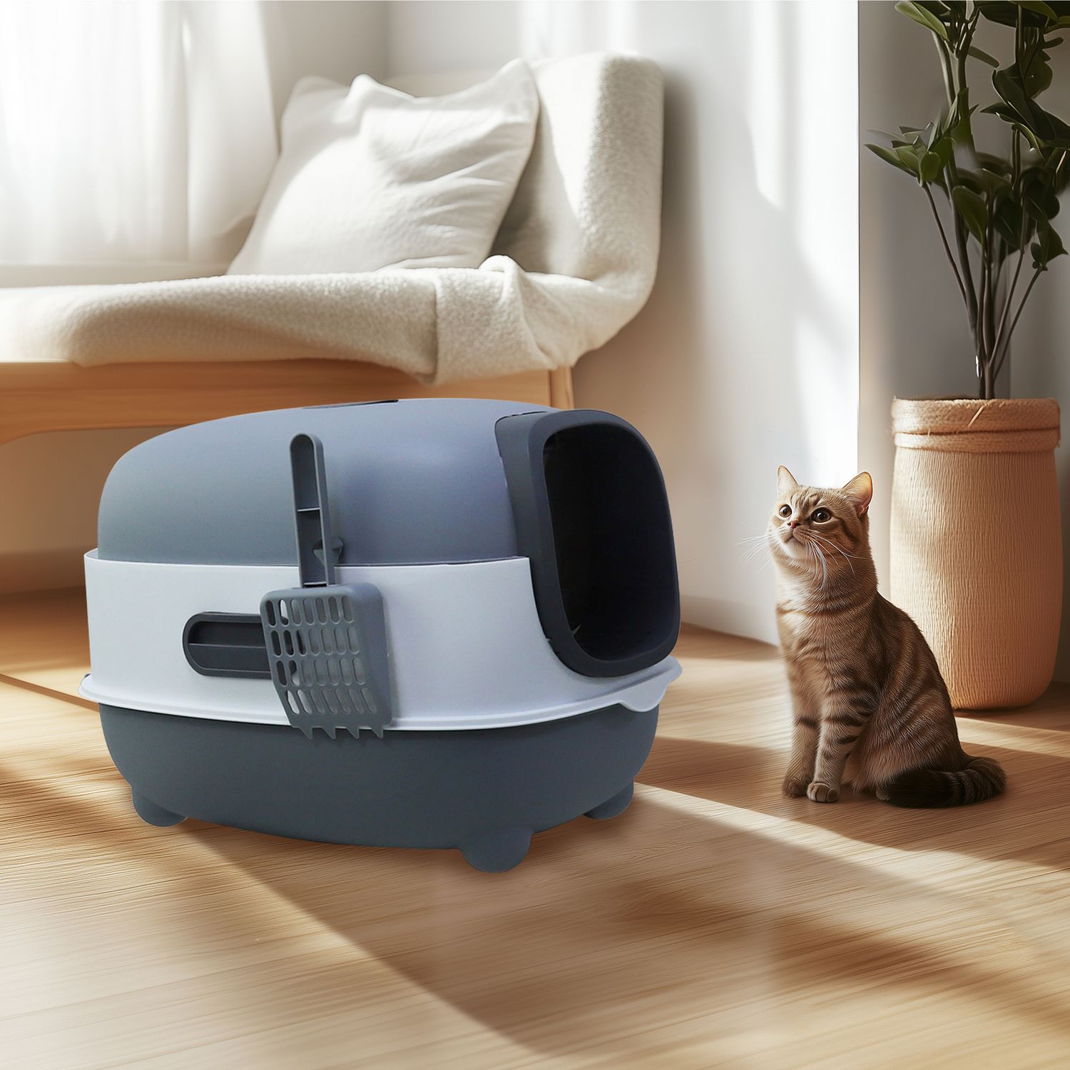 Compact Enclosed Cat Litter Box with Litter Scoop Plastic Cat Toilet Easy Clean