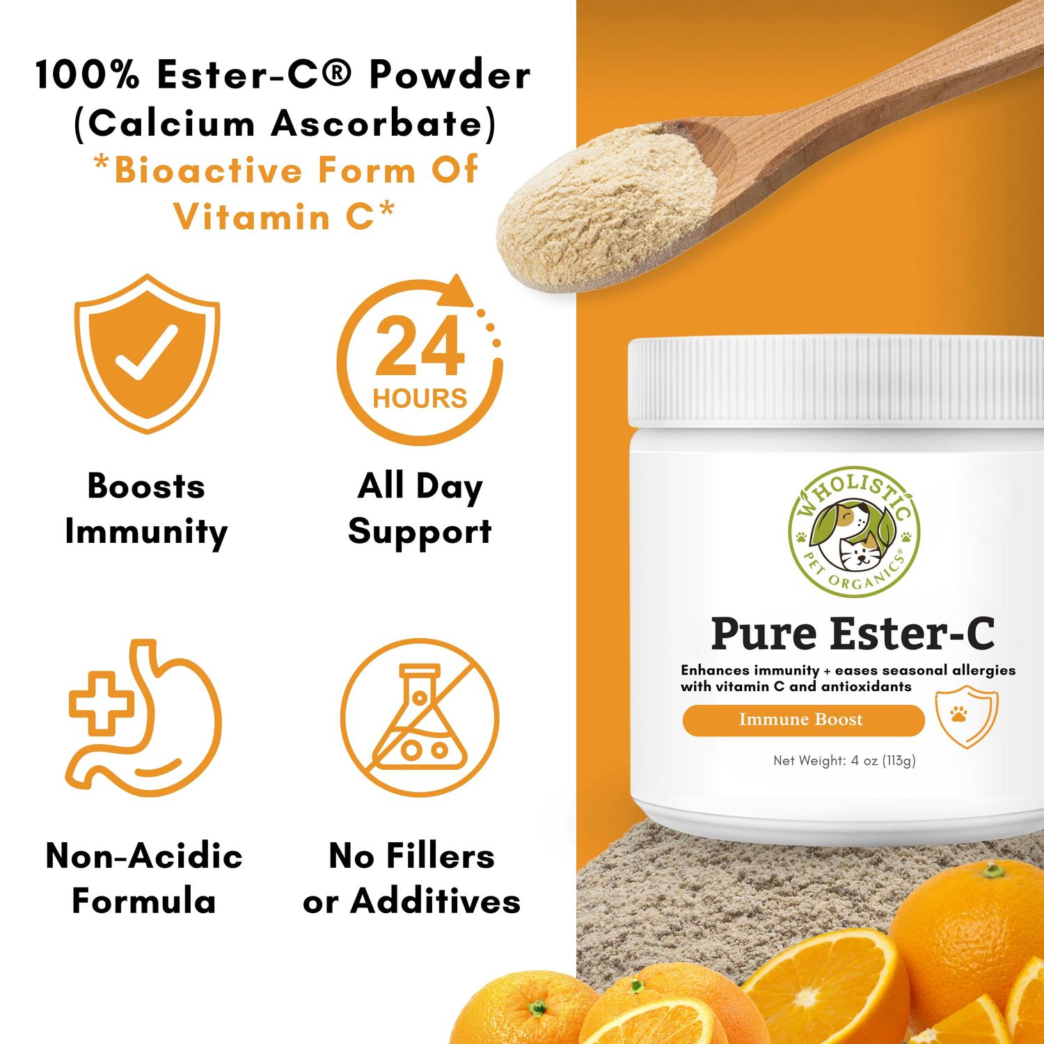 Wholistic Pet Organics Pure Ester-C Powder for Dogs & Cats - 4 Oz - Vitamin C Supplement for Immune Support, Skin & Coat Health, & Allergy Relief - Dog Vitamin Powder for Itchy Skin & Homemade Food