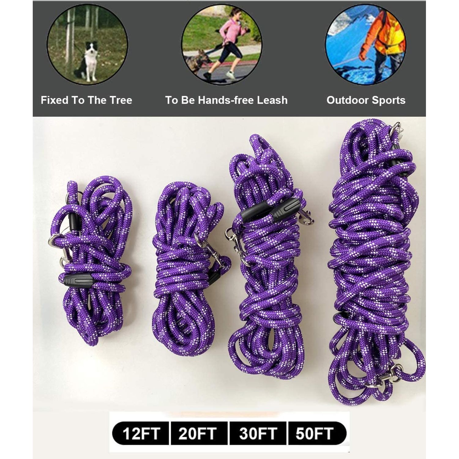 Codepets Long Rope Dog Leash for Dog Training 12FT 20FT 30FT 50FT, Reflective Threads Dog Leashes Tie-Out Check Cord Recall Training Agility Lead for Large Medium Small Dogs Purple