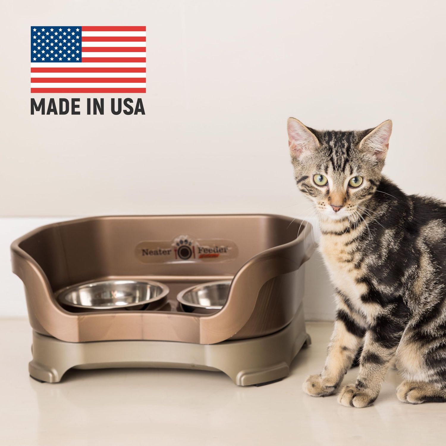 Neater Feeder - Deluxe Model - Mess-Proof Cat Bowls (Cat, Bronze) - Made in USA - Elevated, No Spill, Non-Tip, Non-Slip, Raised Stainless Steel Food & Water Pet Bowls
