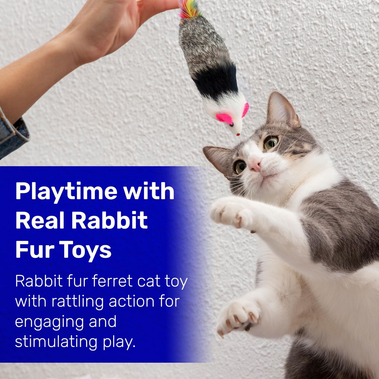Kats'N Us Dat Darn Ferret with Feathers Real Rabbit Fur Cat Toy- Furry Cat Toys, Cat Stuffed Animal, Cat Entertainment for Indoor Cats and Kittens, Interactive Cat Toys - 10 Inches