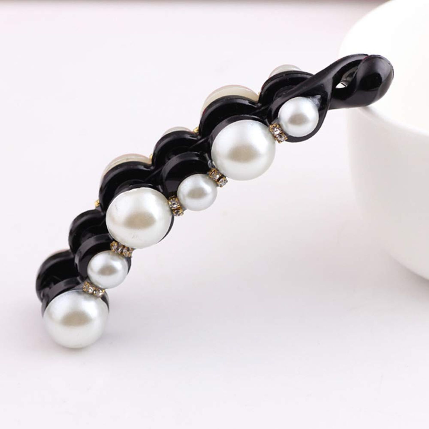 Ruihfas Fashion 2 Pcs Artificial Pearls Rhinestone Banana Clips Ponytail Holders Hair Clips