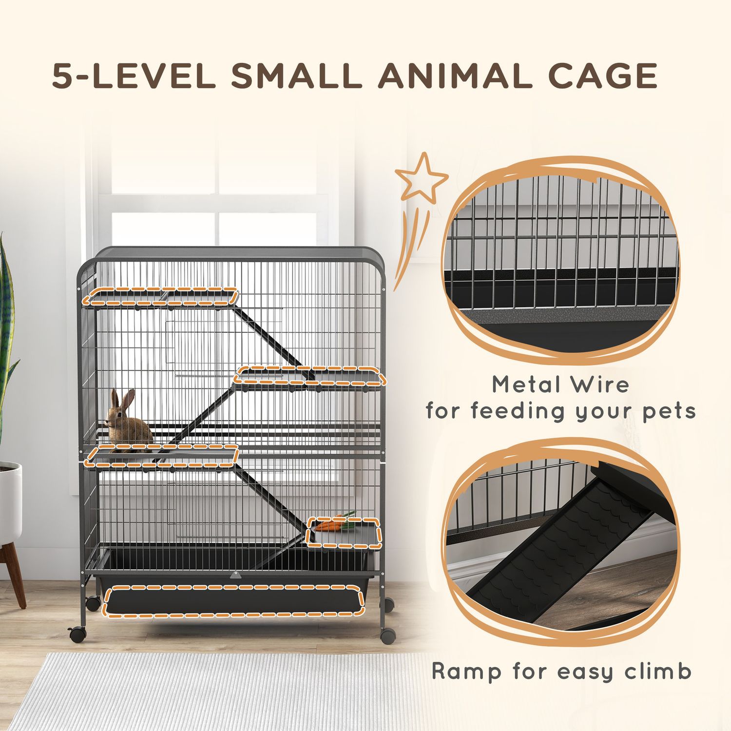 PawHut 53.5"H Small Animal Cage 5-Level Metal Ferret Cage for Bunny