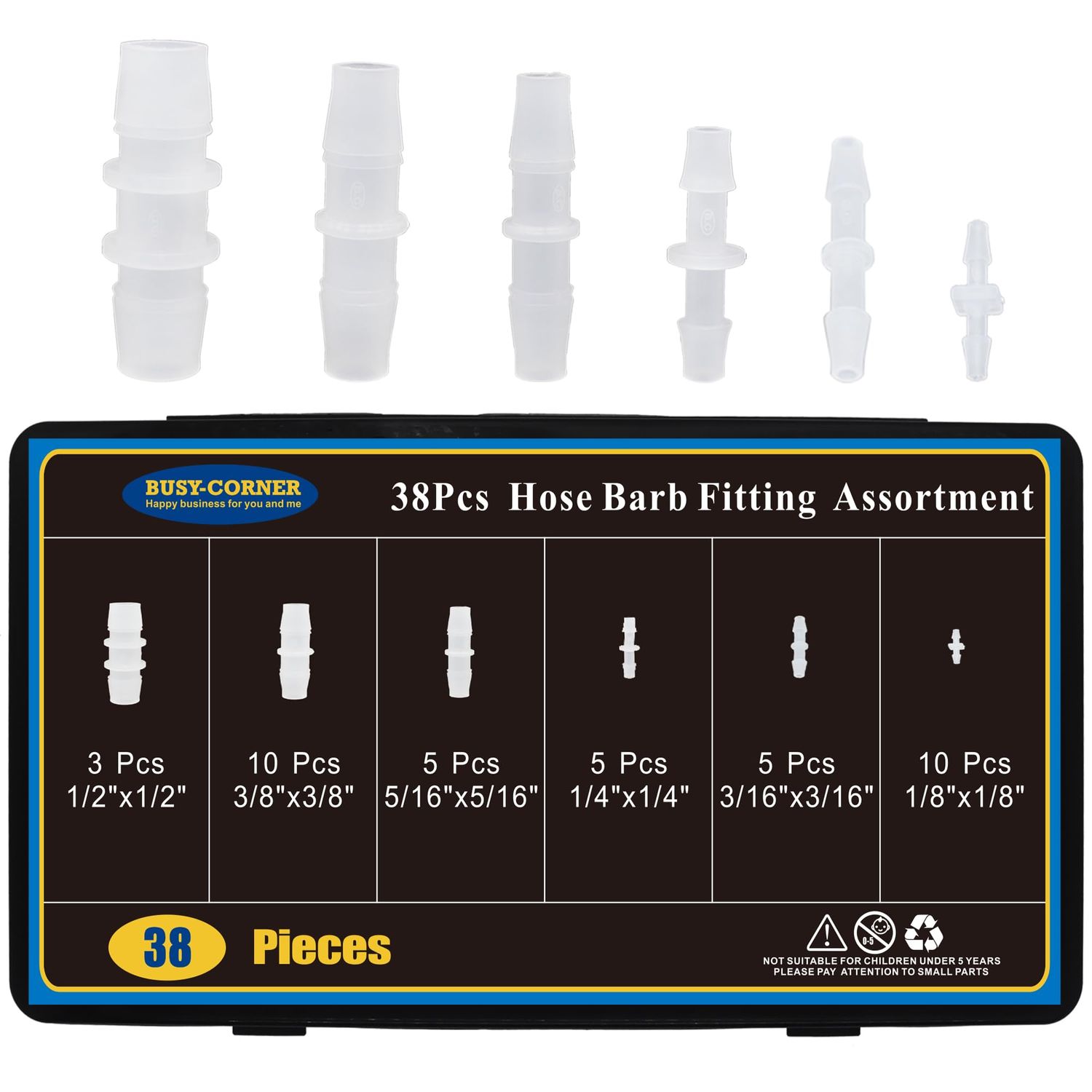 38Pcs Hose Barb Fittings Kit, Pipe Connector Joint Splicer Mender Adapter Union for Aquarium Adapter Gas Liquid Air, for Hose ID 1"x1", 3/8"x3/8", 5/16"x5/16", 1/4"x1/4", 3/16"x3/16", 1/8"x1/8"