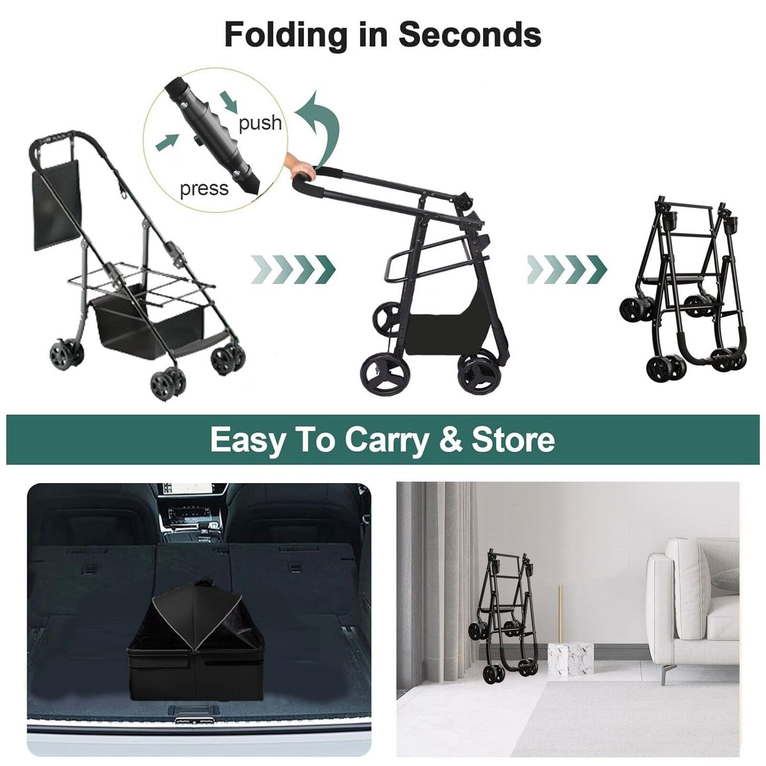3 in 1 Multifunction Folding Pet Stroller for Dog/Cat + Carrier + Car Seat