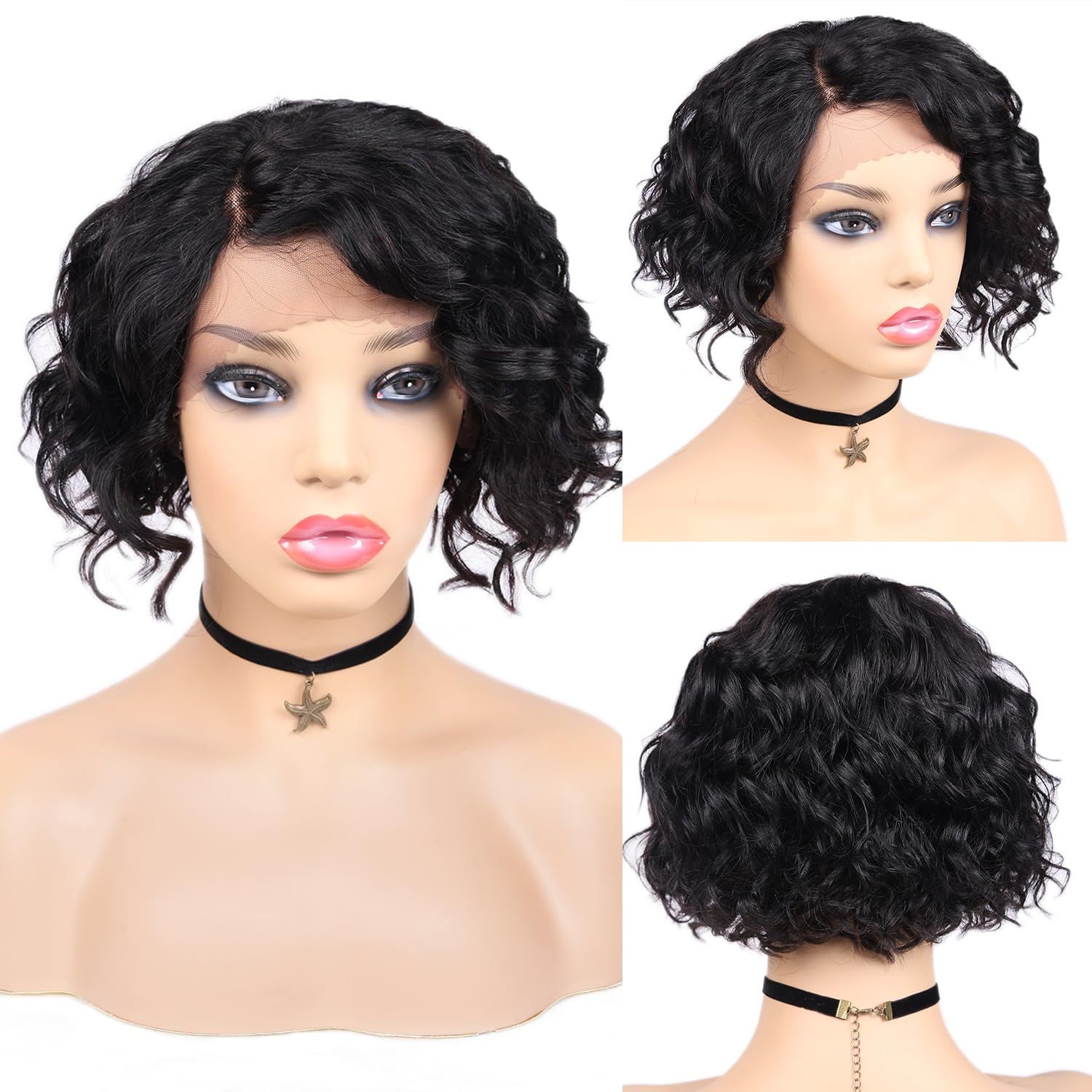 WIGER Short Lace Front Wigs Human Hair for Women Short Curly Bob Wig Black Wavy Lace Wig Black Pixie Cut Wig Brazilian Virgin Human Hair Curly Wigs 180% Density Side Part