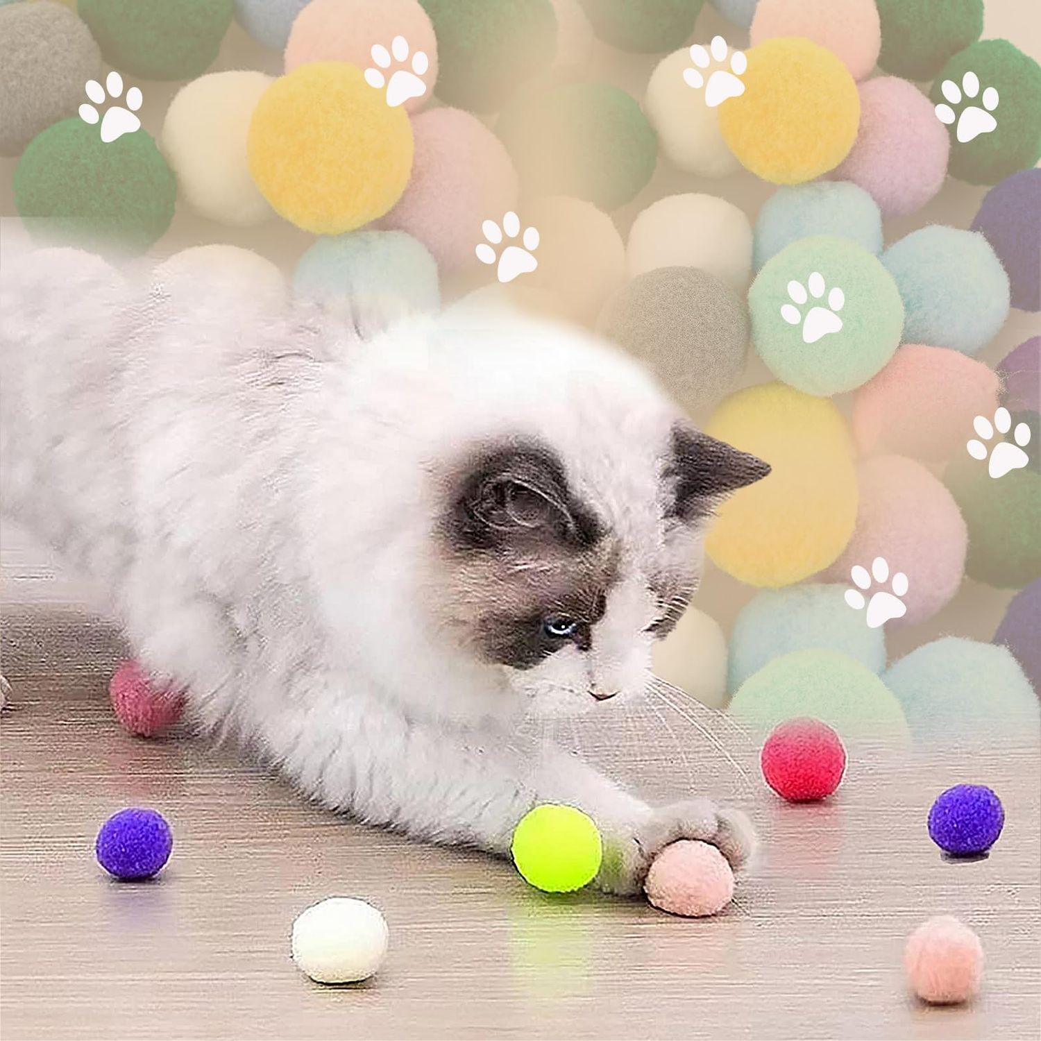 HaiPal Cat Toy Balls, 10Pcs Premium Soft Pom Pom Balls for Kittens, 1,6'' Funny Interactive Cat Pompom Toys for Bored Indoor Cats Playing Plush Balls for Craft DIY Decorations, Cute Kitten Kitty Toys.