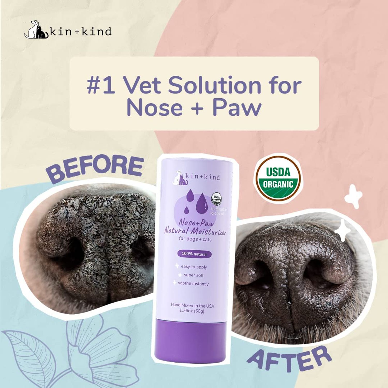 kin+kind Organic Dog and Cat Nose and Paw Balm Stick - 1.76oz Shea Butter - Pet Supplies for Puppies and Dogs - Dog Accessories, Dog Supplies, Dog Paw Balm, Dog Nose Balm, Paw Butter Balm for Dogs