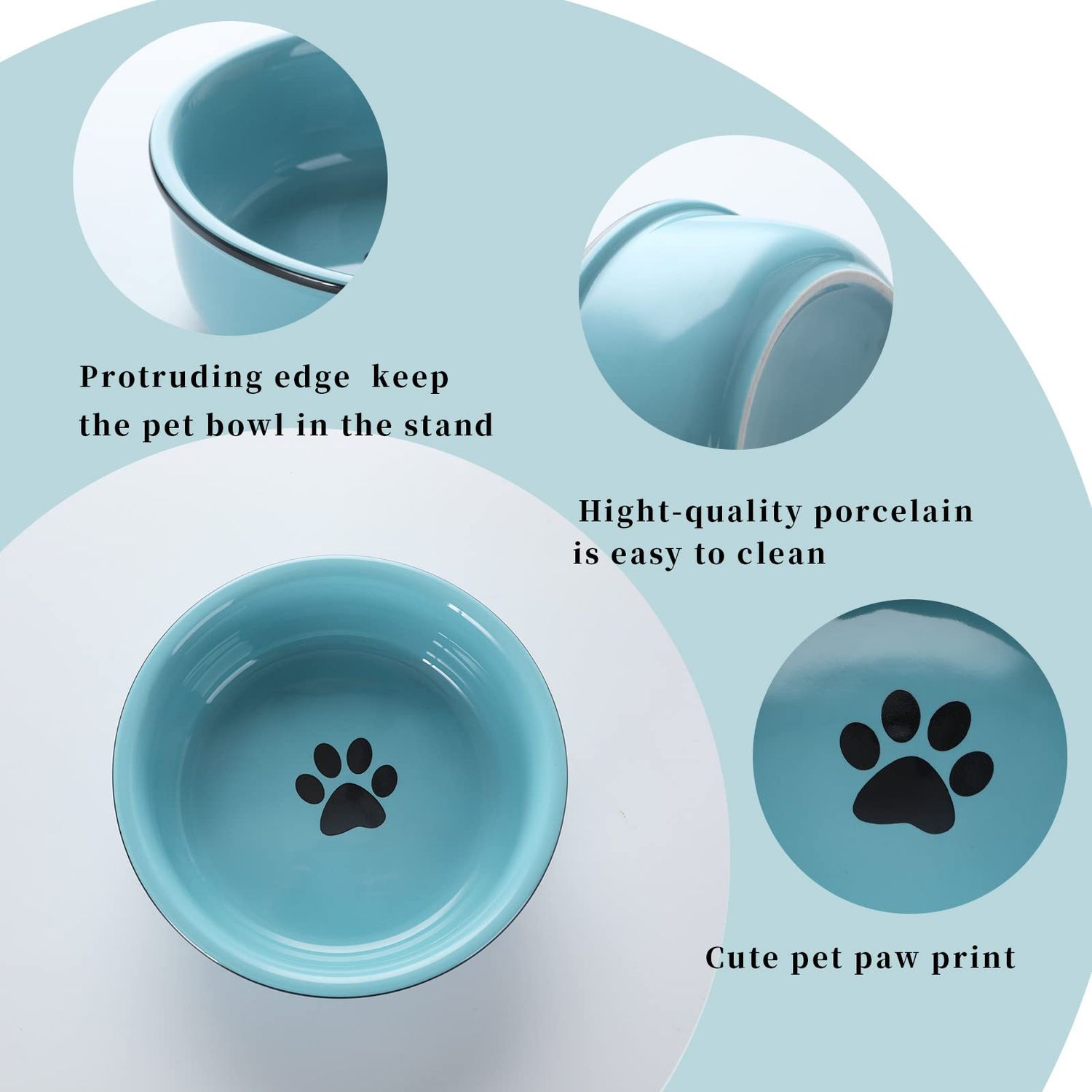 GDCZ Ceramics Raised Cat Small Dog Bowls with Heighten Metal Stand for Pet Food 15 Ounces, Turquoise