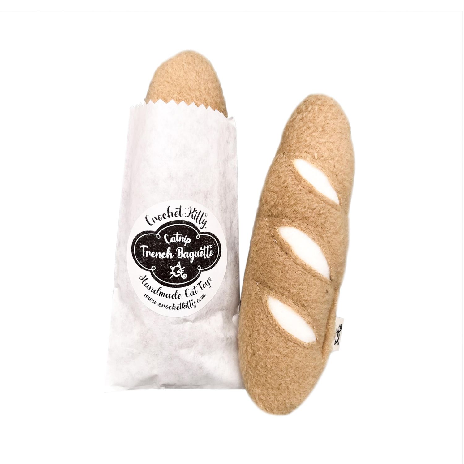 CROCHET KITTY French Baguette Cat Toy with Catnip for Indoor Cats – Interactive Chew & Kick Toy for Kittens – Made in USA – 6” x 2” Wide Plush Catnip Toy