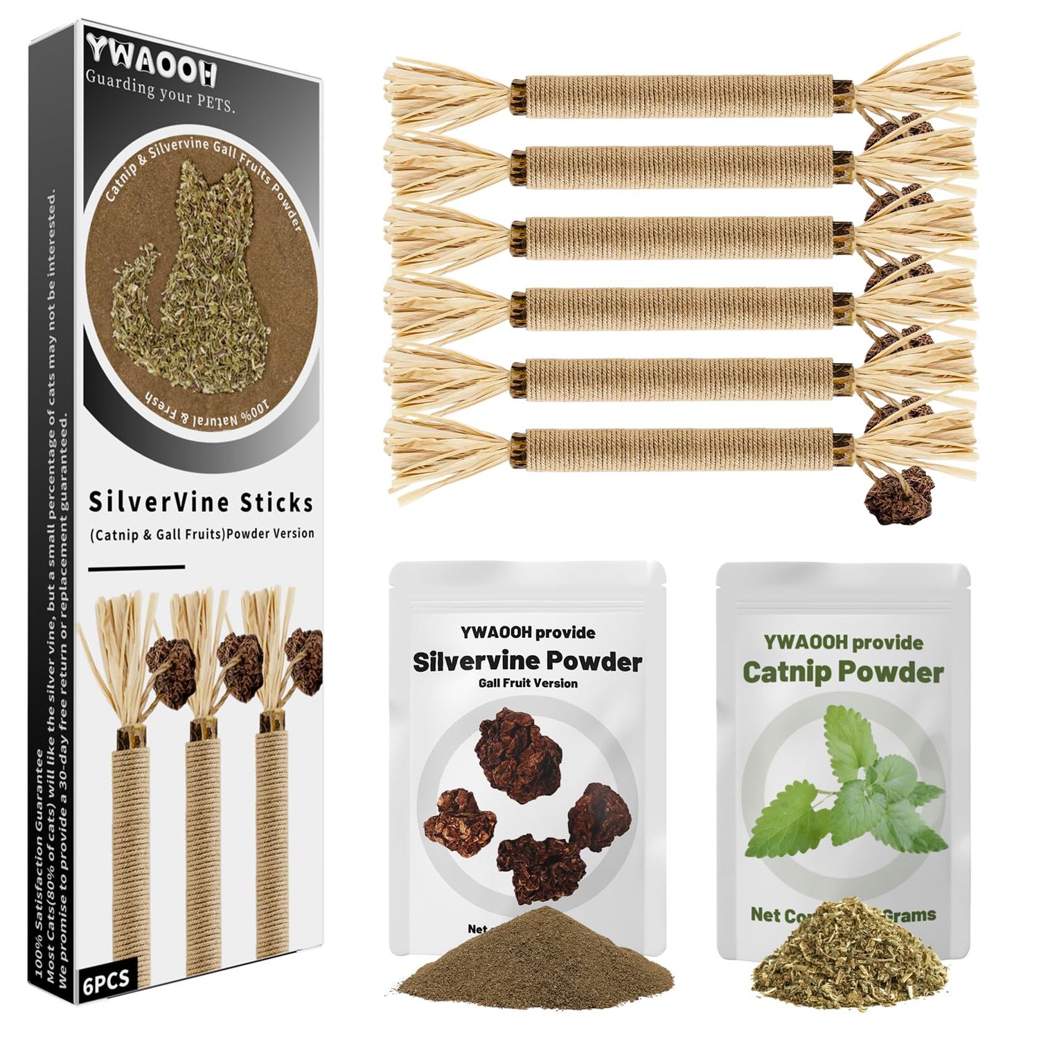 YWAOOH Cat Toys, 6 Silvervine Chew Sticks & 1PCS Organic Catnip & 1PCS Silvervine Powder, Cat Dental Toys for Kitten Teeth Cleaning, Matatabi Cat Toy