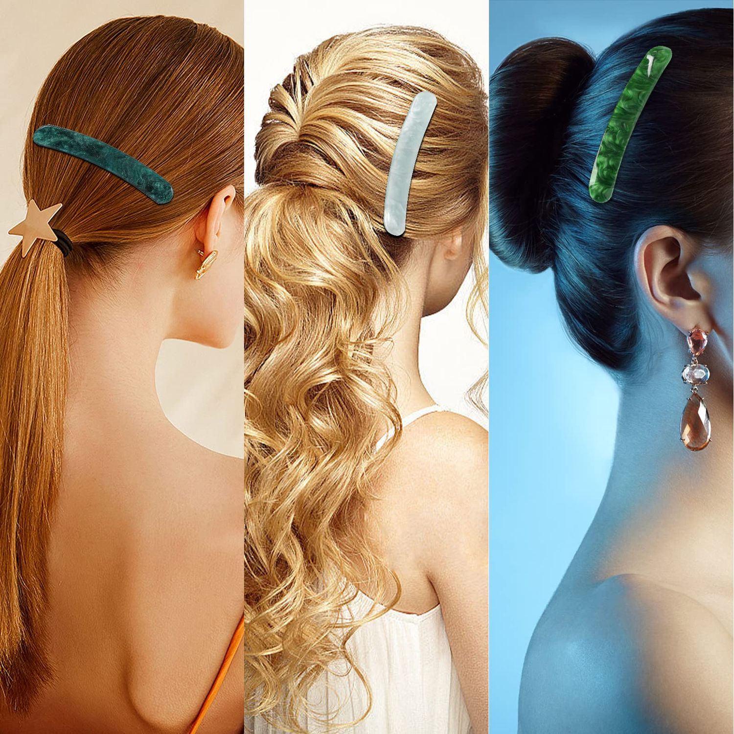 3PCS Hair Barrette for Women, French Hair Barrette Tortoise Shell Automatic Hair Clips for Thick Medium Volume Hair,Girls Women Hair Pin Retro Hair Clasp (Light Blue,Star Green,emerald)