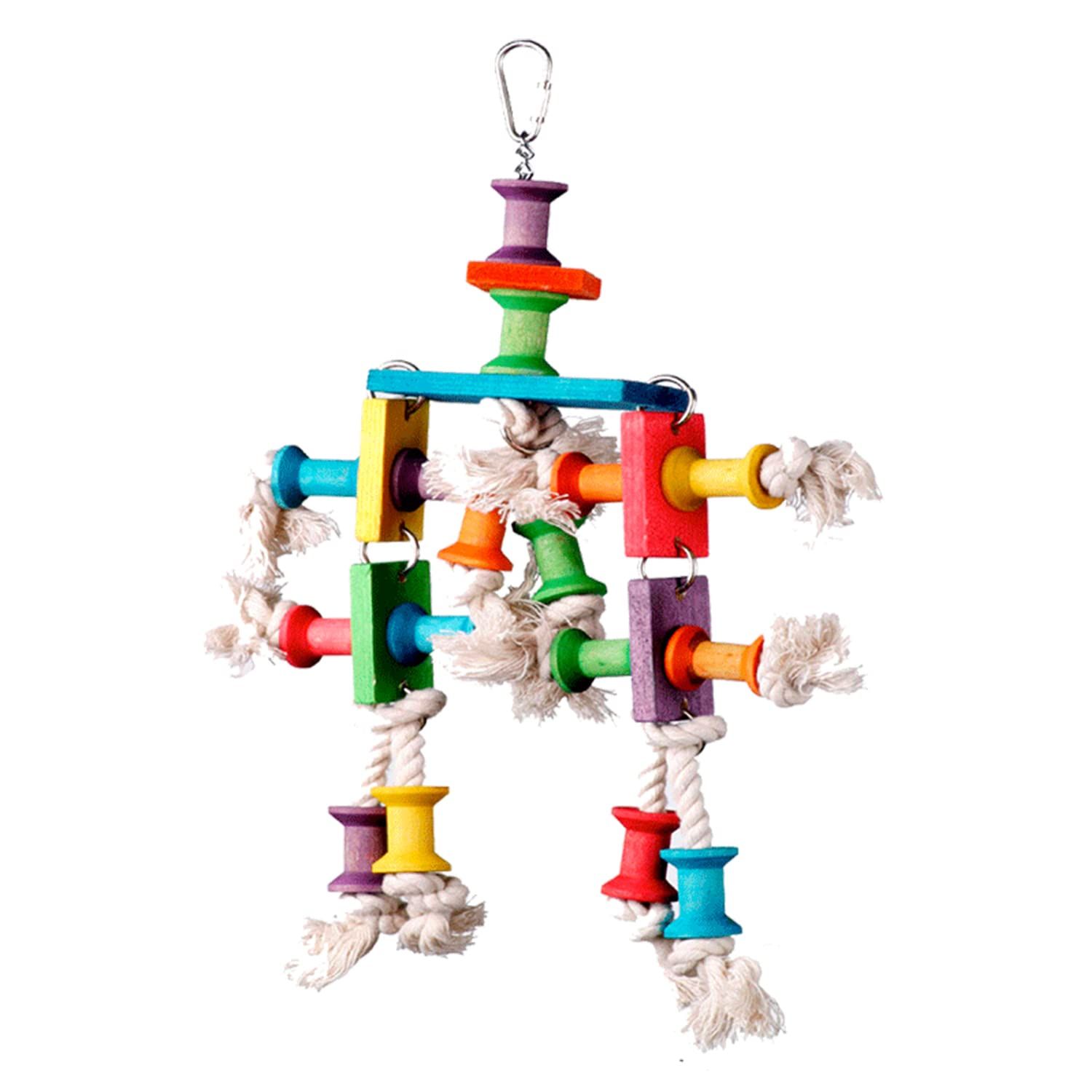 Super Bird Creations SB468 Dancing Spools Bird Toy with Colorful Wooden Spools and Cotton Rope - Ideal for Ringnecks, Parrots, Quakers - Preening and Chewing Toy - Medium Bird Size - 13" x 8" x 2"