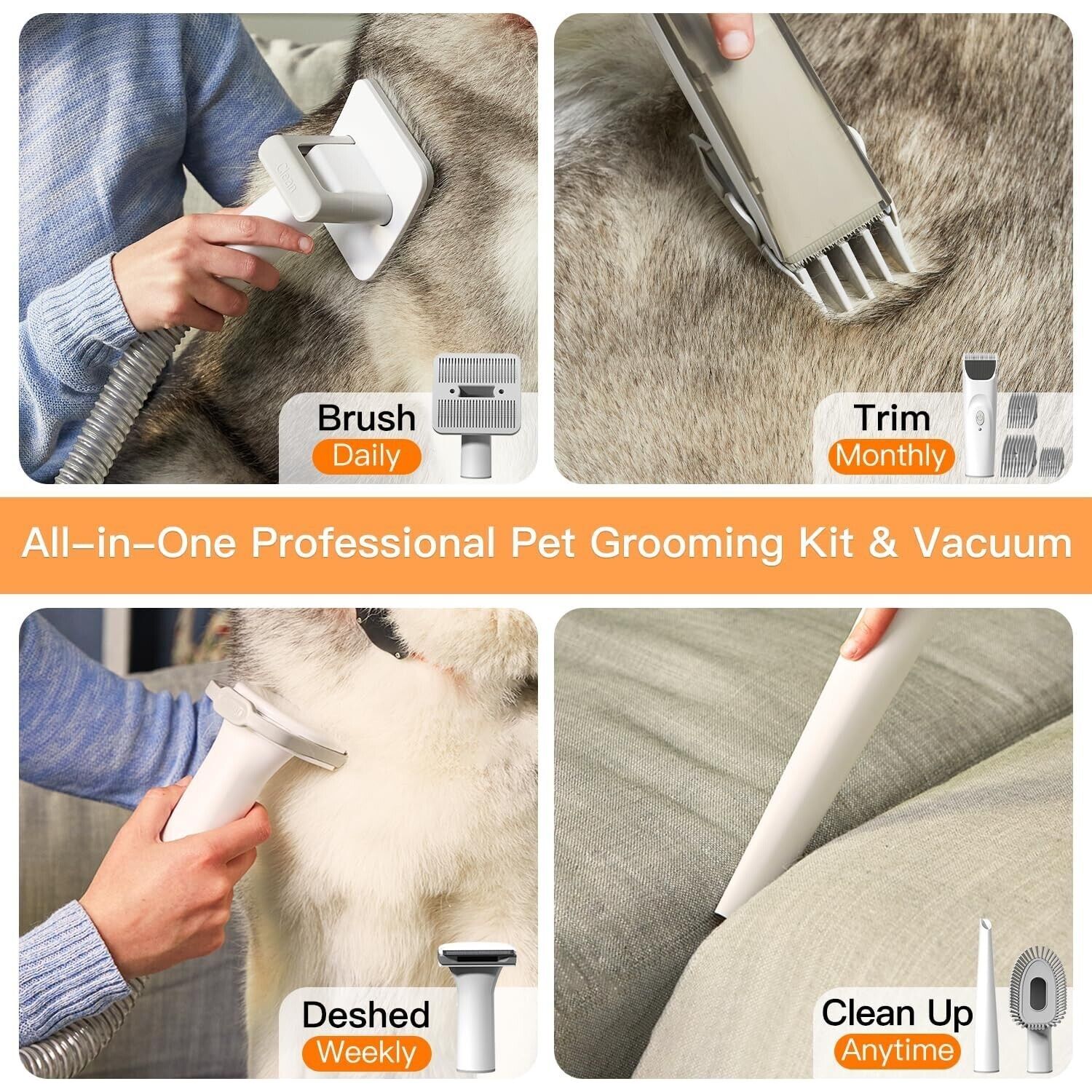 12000Pa Dog & Cat Pet Grooming Kit & Vacuum 2L Large Capacity + 5 Clipper Tools