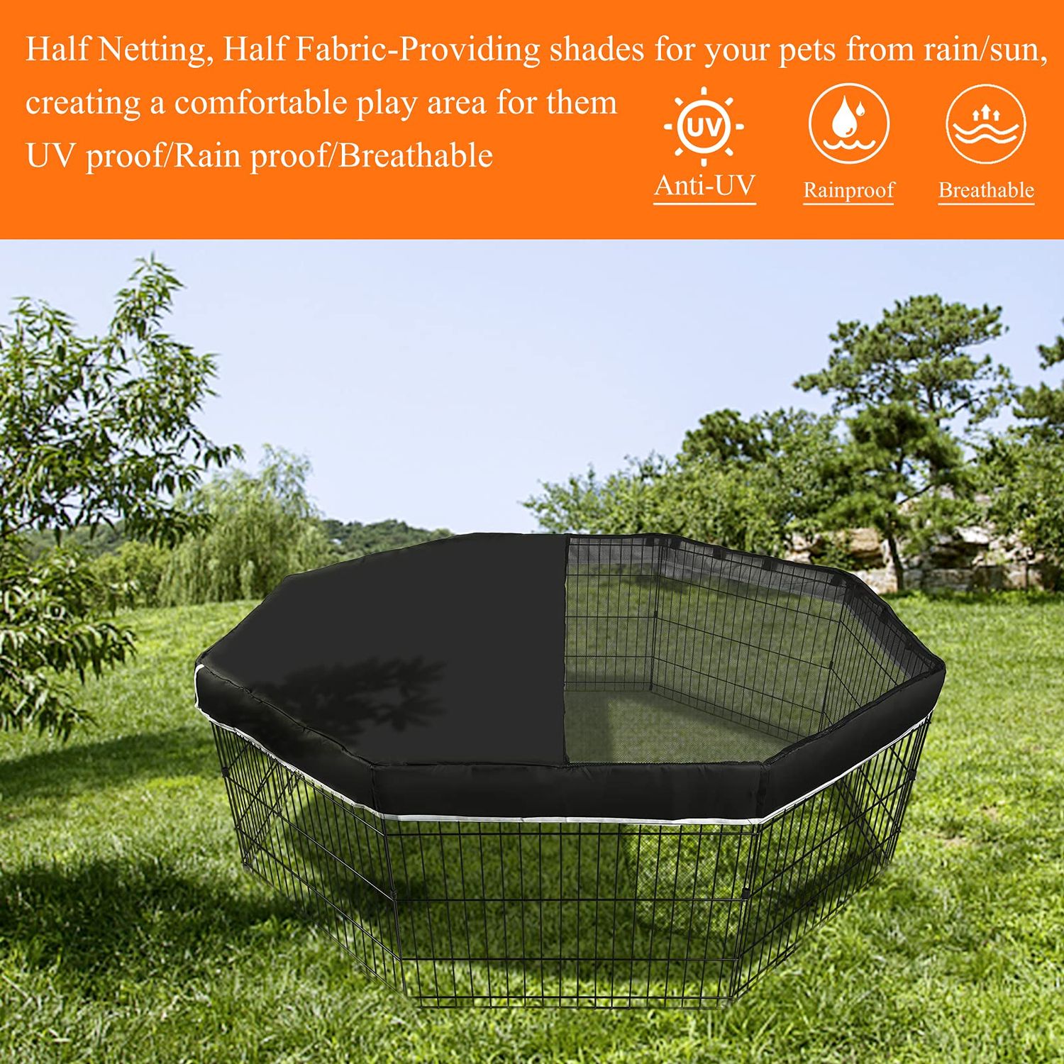PJYuCien Dog Playpen Mesh Top Cover, Fits 24 Inch 8 Panels Regular Octagon Metal Exercise Pet Playpen, Velcro Connections, Black (Note: Cover Only, Playpen Not Included !!!)