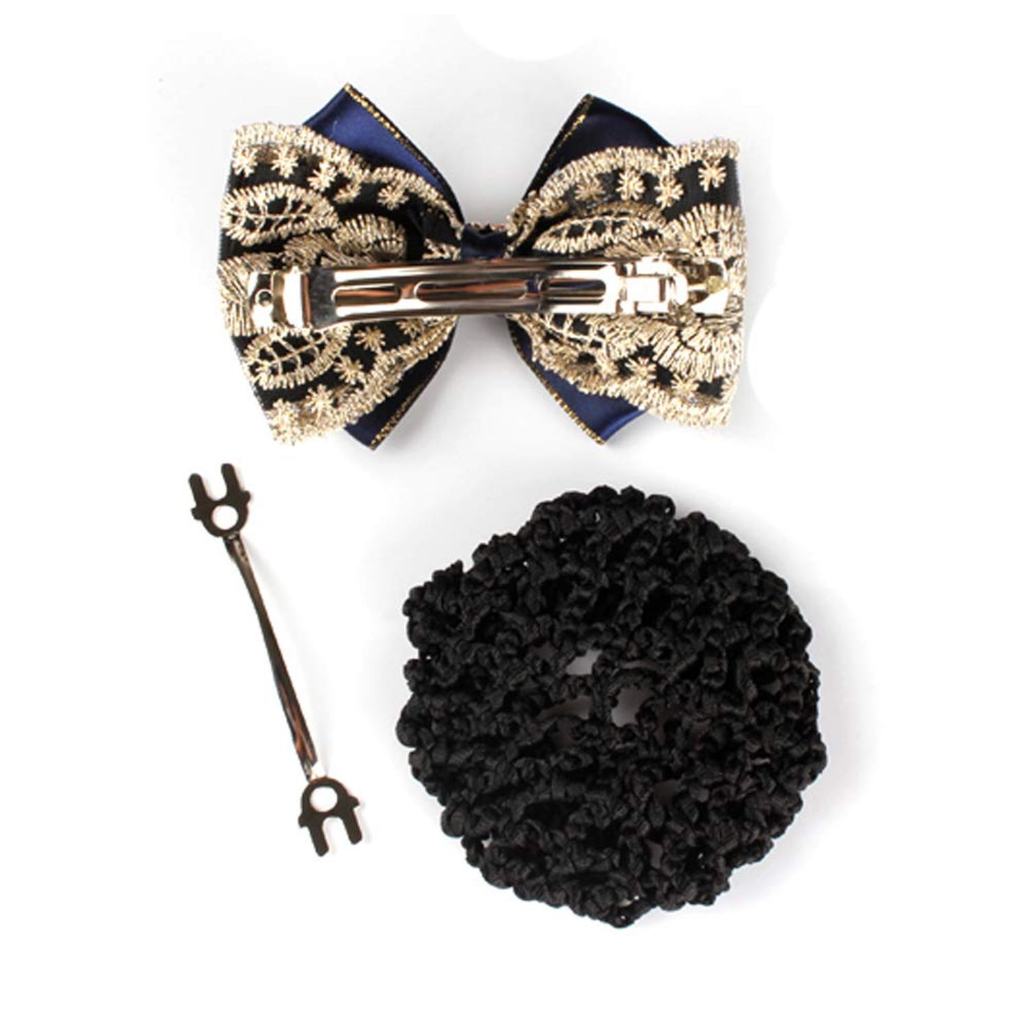 1PCS Women Girls Professional Lacrosse Flower Lace Ribbon Bowknot Rhinestone Snood Net Elastic Hair Clip Barrette Bun Maker Bow Cover Hairnet Decor Hair Accessories for Nurse Bank Worker Air Hostess