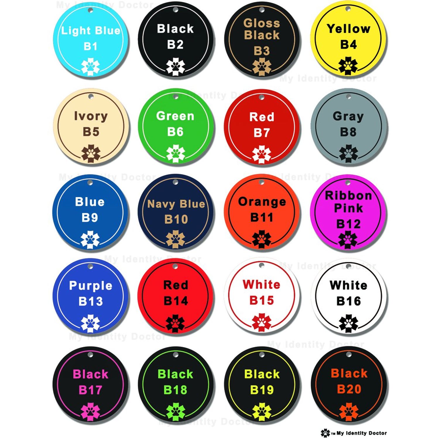 My Identity Doctor Seizure Alert Dog ID Tag Custom Engraved Round Plastic - White - Large