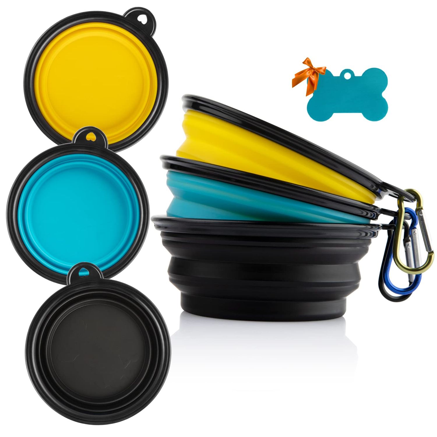 MXZONE 3 Collapsible Silicone Dog Bowl, Foldable Expandable Cup Dish for Small Pet Cat Food Water Feeding Portable Travel Bowl, Free Pet ID-Tag, Yellow Blue Black, S