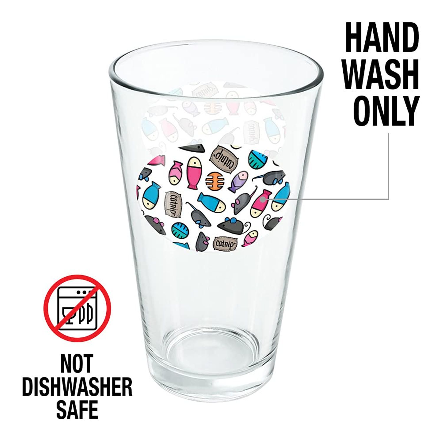 LOGOVISION Cat Toys Mouse Fish Catnip Pattern 16 oz Pint Glass, Tempered Glass, Printed Design & A Perfect Fan Gift | Great for Cold Beverages, Soda, Water