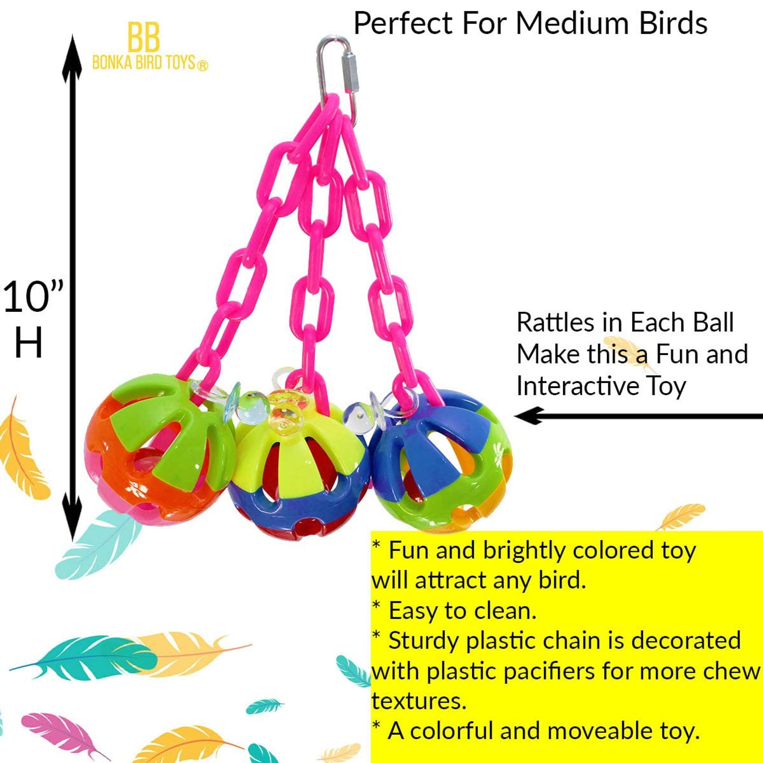 Bonka Bird Toys 1273 Tri-Chain Ball 10" High by 6" Wide Medium Parrot Plastic Cage Toy, African Grey, Pionus, Ringneck, and Similar Sized Birds