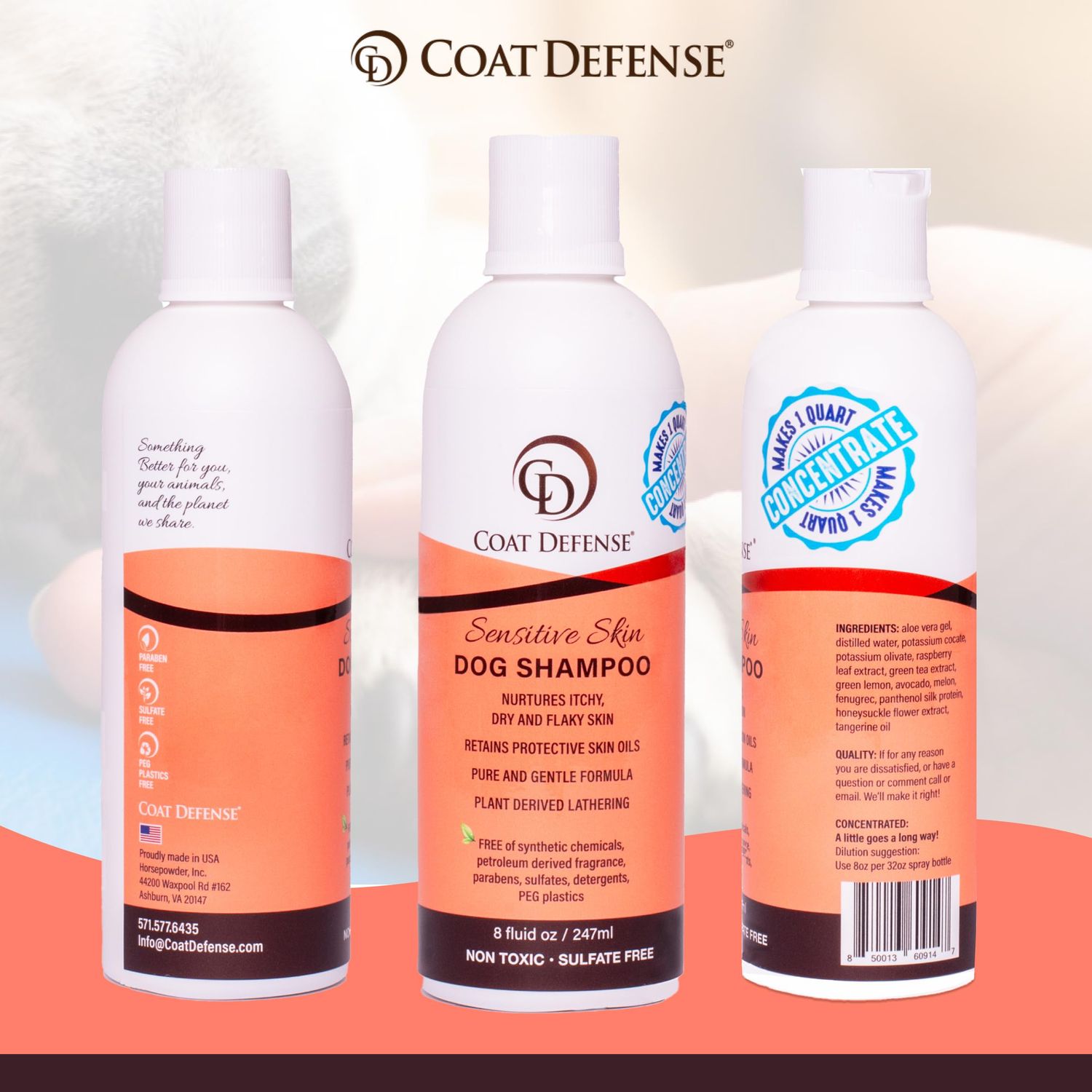COAT DEFENSE Sensitive Dogs Shampoo | Made in USA | All-Natural Hypoallergenic - Soothes and Relieves Itchy & Dry Skin | 8 Ounces Concentrated Makes 32 Ounces