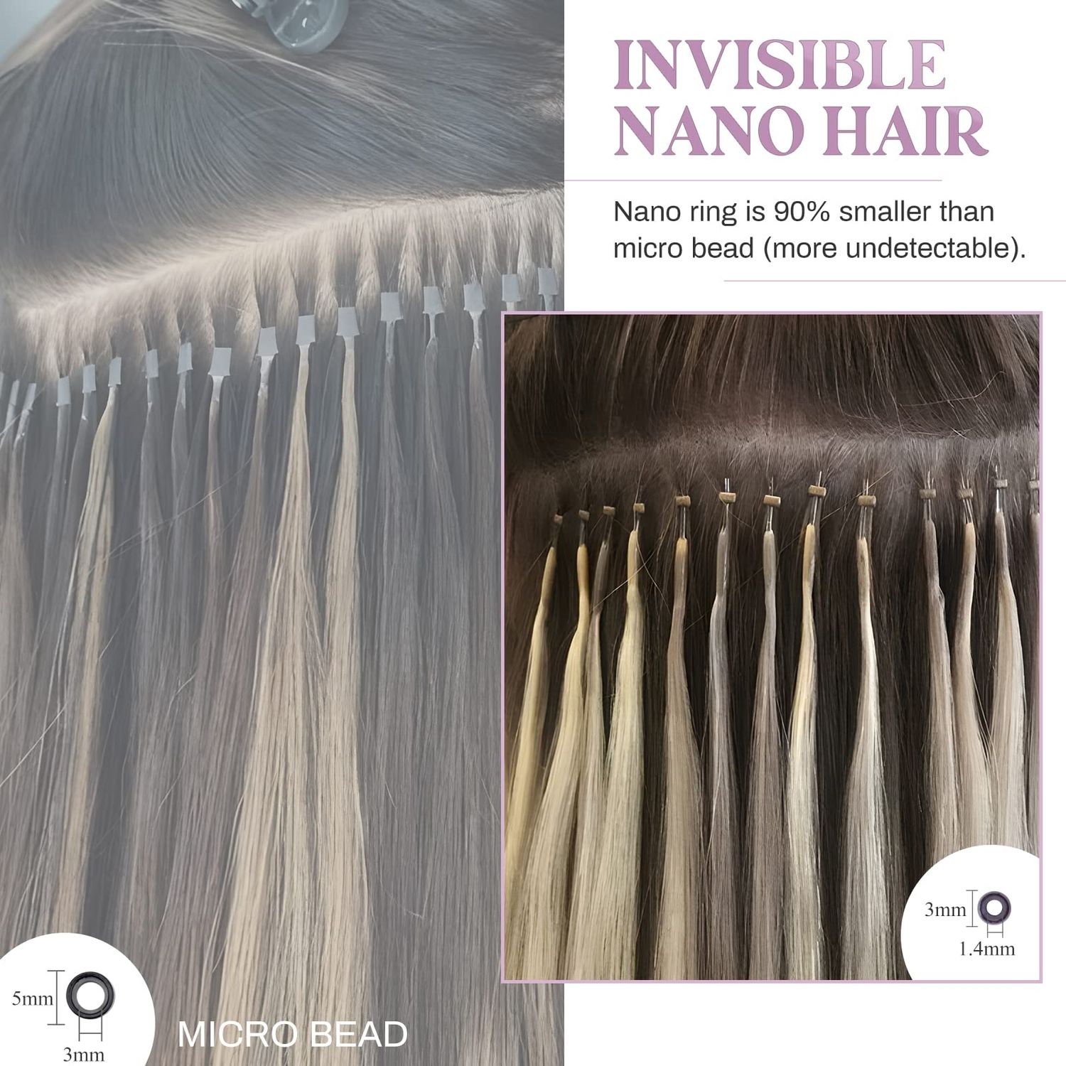 MY-LADY Nano Bead Hair Extensions Human Hair Invisible Nano Ring Hair Extensions Pre Bonded Cold Fushion Natural Nano Tips Extensions 50 Strands 50g 24 Inch #12P613 Golden Brown&Bleach Blonde
