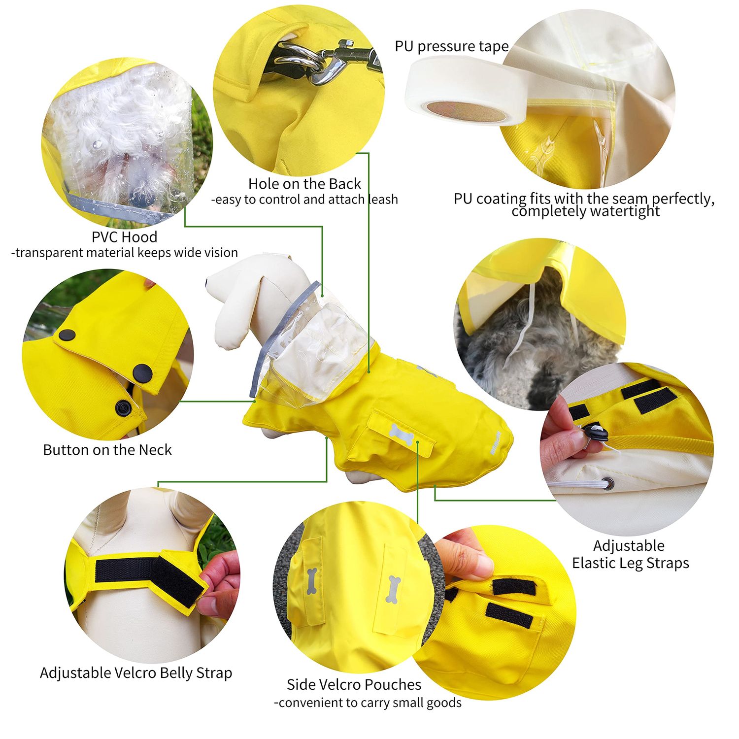 Waterproof Dog Raincoat, Adjustable Reflective Lightweight Pet Rain Clothes with Poncho Hood (Large, Yellow)