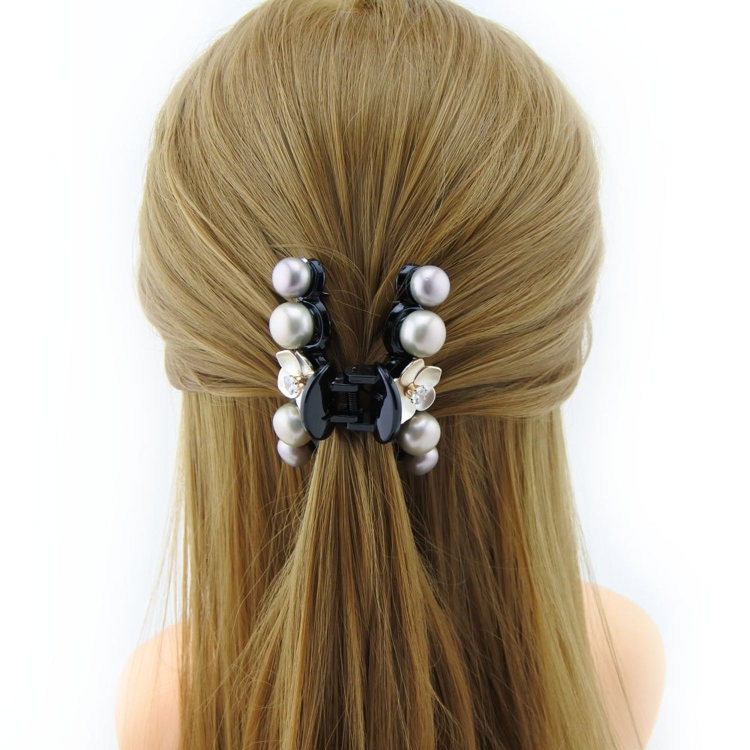 Meilliwish Pearl Gem Flowers Beautiful Hair Claw Clip for Women (D64)(Gray)