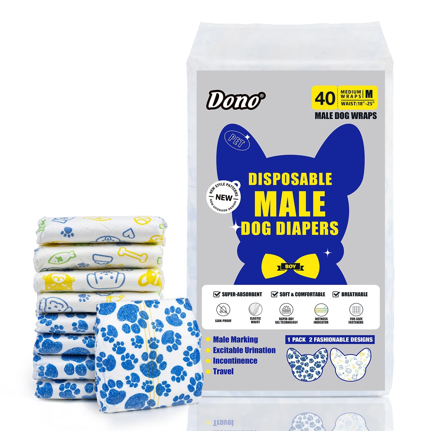 Dono Dog Diapers Male Disposable Male Dog Wraps 20ct Doggie Diapers Wetness Indicator Leak-Proof Dog Belly Wraps, Rapid-Dry Gel Technology Puppy Diapers for Excitable Urination Incontinence, Medium