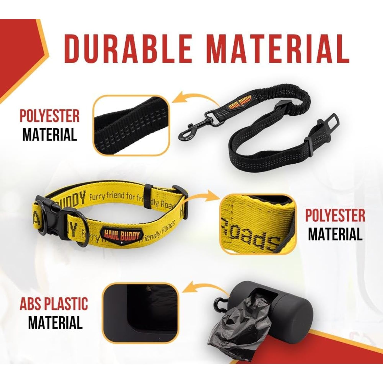 Mytee Products Medium Breed Adjustable Dog Collar, Nylon Car Seat Belt Harness, and Poop Bag Holder Set for Male Female Dogs - Neoprene Padded Collar, Leak-Proof Waste Bag Dispenser