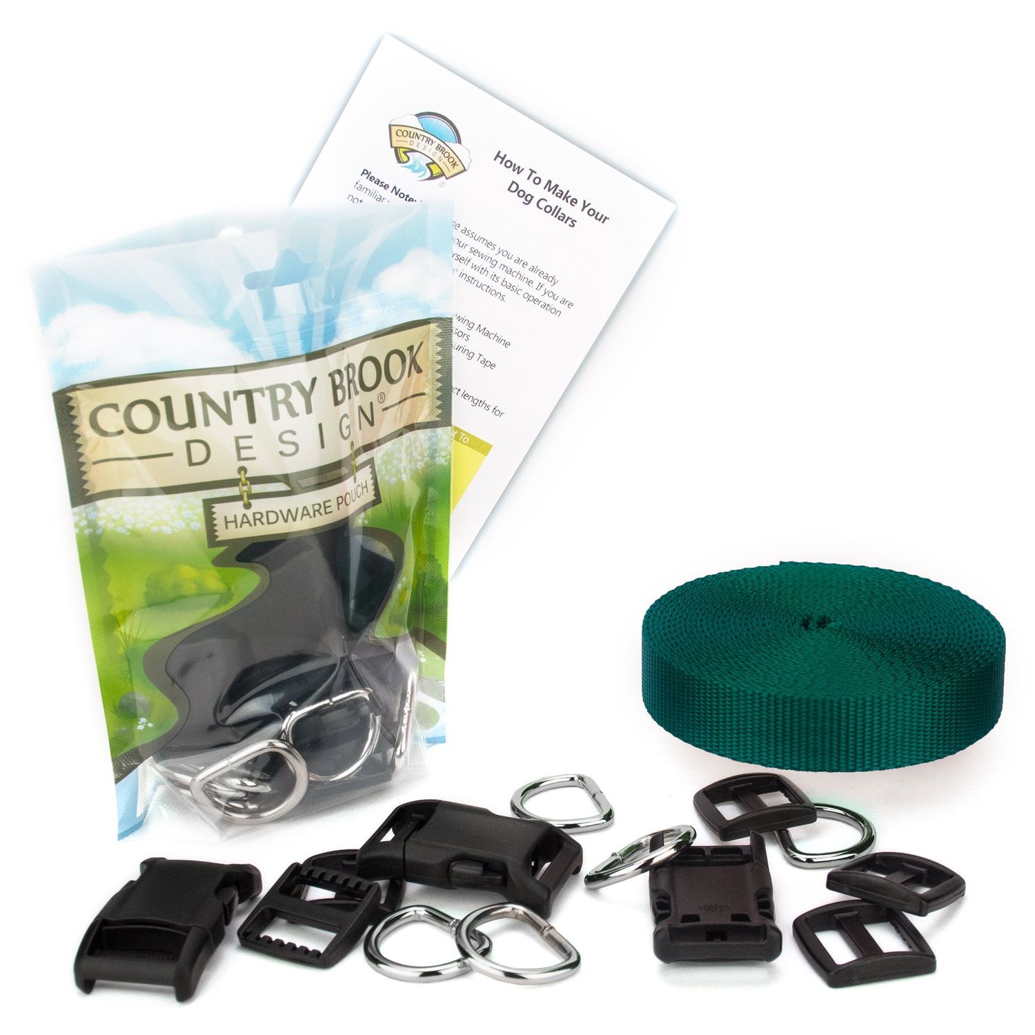 Country Brook Design - Easy DIY Dog Collar Kit Makes (10) 1 Inch Collars with Green Nylon Webbing