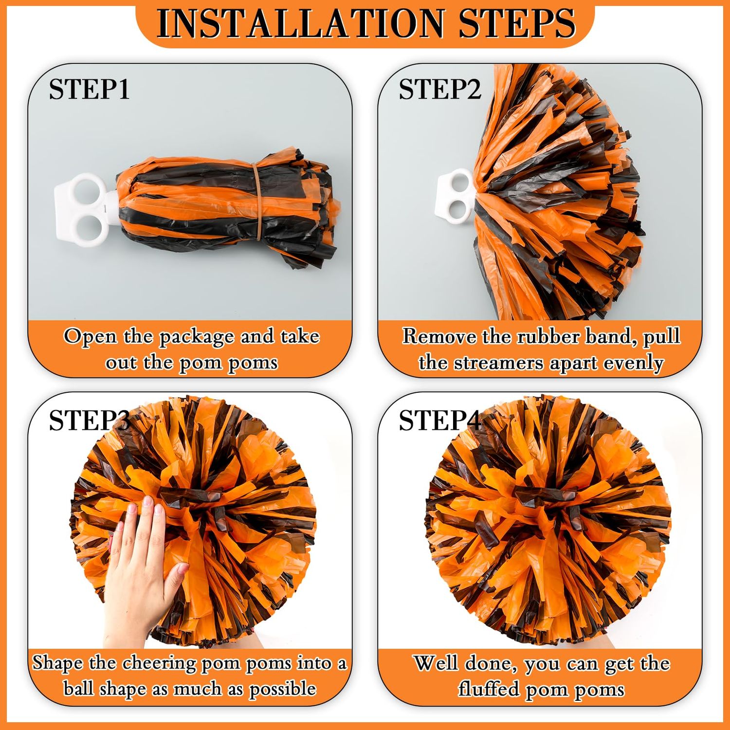 Cheerleading Pom Poms and Large Cheerleader Hair Bow for Girl, 12 Inch Large Metallic Cheer Cheerleader Pom Poms for Sports Team Spirit Cheering (Orange Black Mixed)
