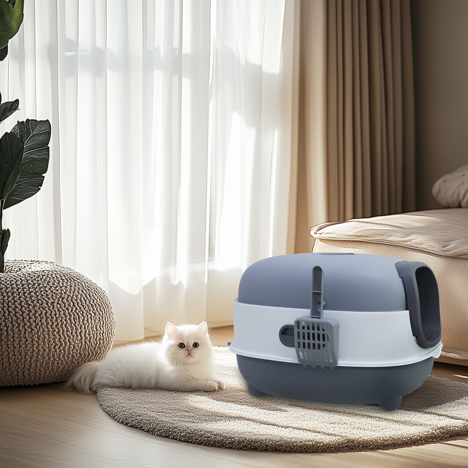 Compact Enclosed Cat Litter Box with Litter Scoop Plastic Cat Toilet Easy Clean