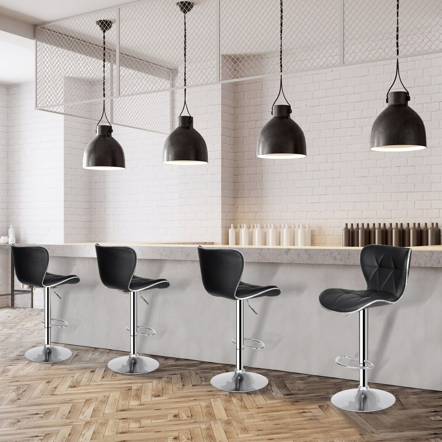 Set of 4 Black Bar Stools w/Shell Back PU Leather Back Adjustable Swivel Stools