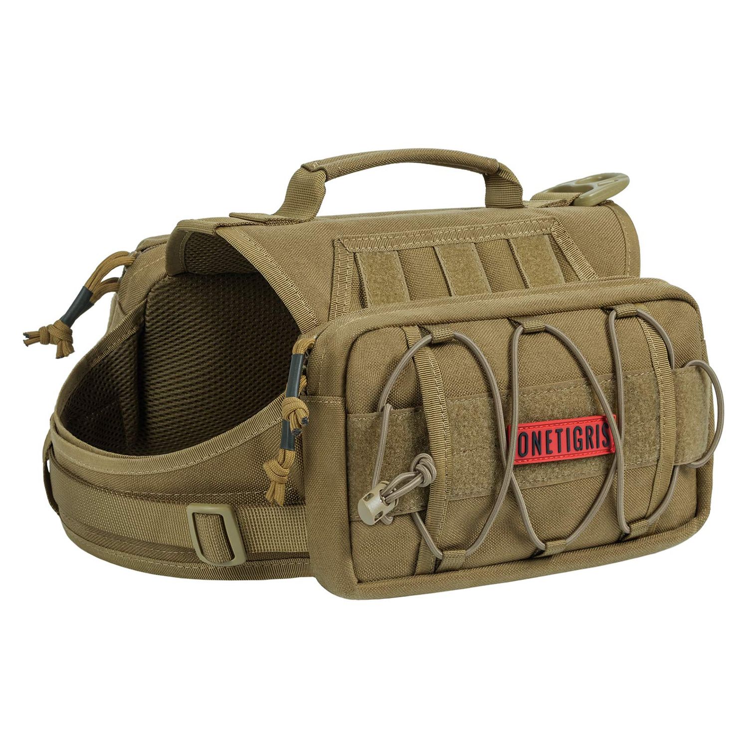 OneTigris Dog Backpack for Medium & Large Dogs, Nylon Backpack for Dogs Tactical Pet Backpack with Side Pockets for Hiking Walking Training Running (Brown, Medium)