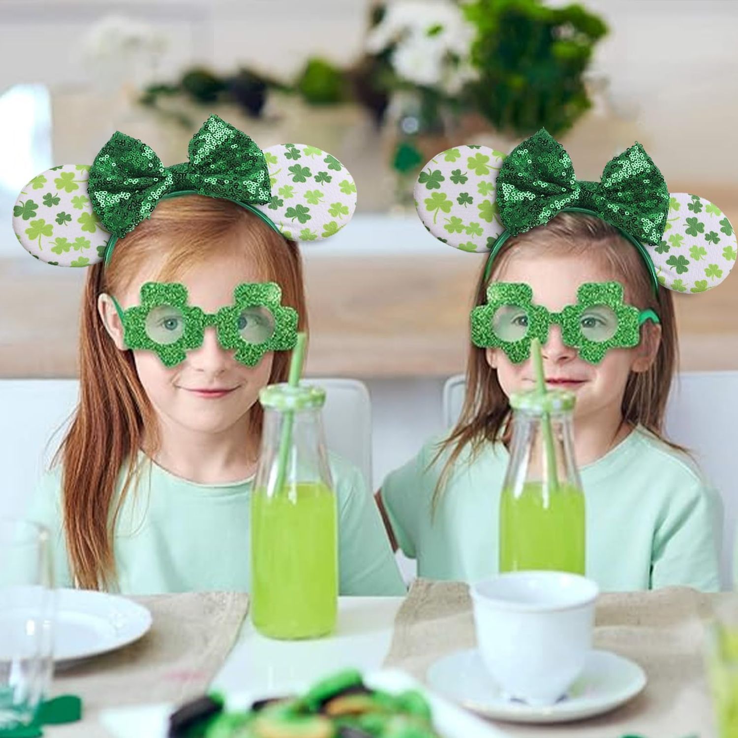 CIVFCRT Shamrock Headbands Green Lucky Clover Headbands St. Patrick's Day Mouse Ears Headbands Shiny Green Bows Hairbands for Girls Women Party Parades Clover Hair Decoration (Lucky Clover)
