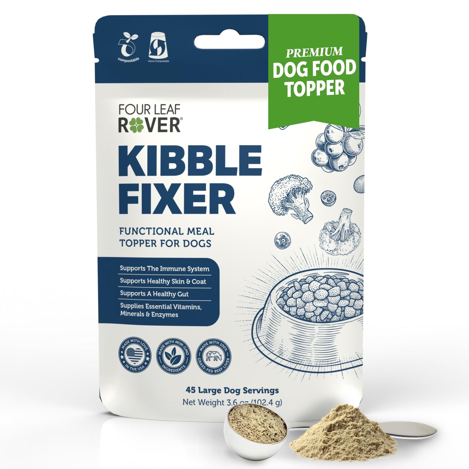FOUR LEAF ROVER Kibble Fixer - Freeze-Dried Dog Food Topper with Dog Probiotics and Digestive Enzymes - Supports Healthy Digestion and Immune Systems