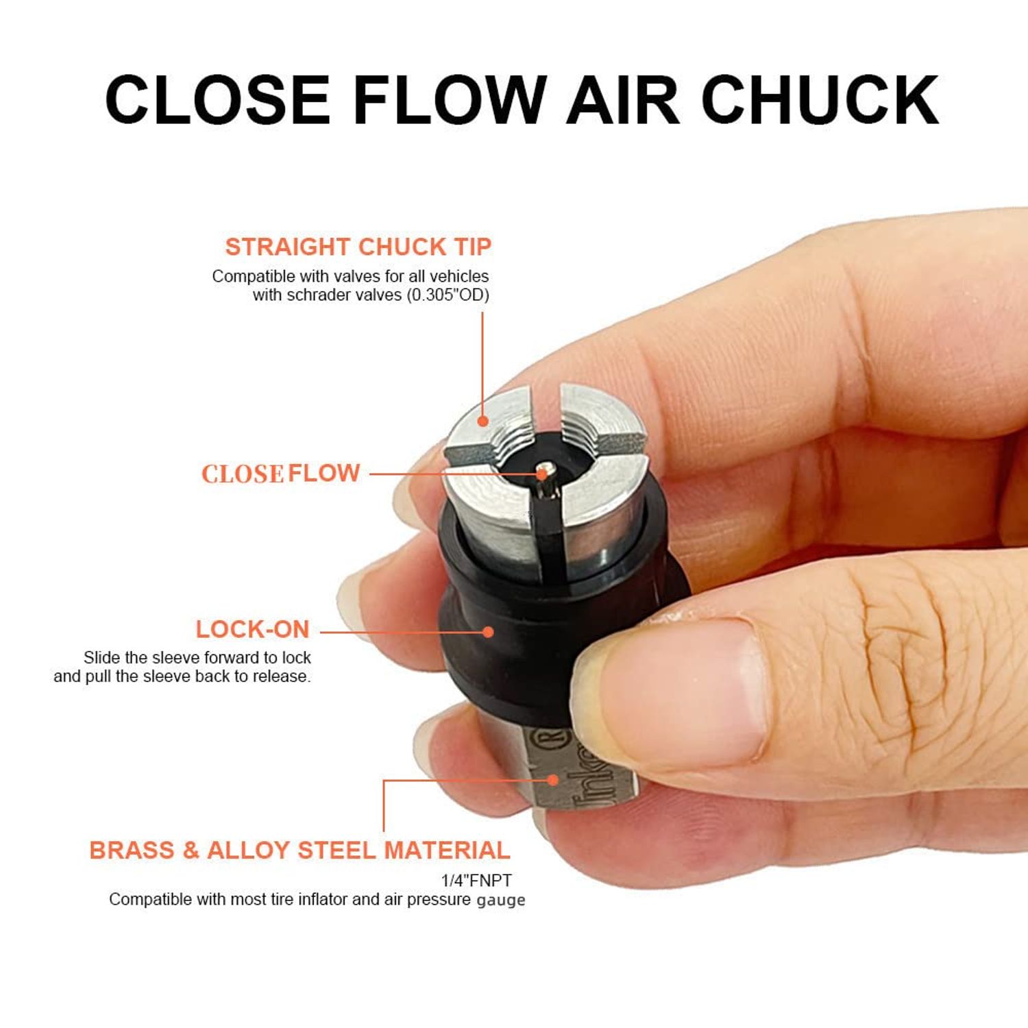 JINKEY Lock On Air Chuck for Schrader Valve, Heavy Duty Brass Close Flow Straight Locking Air Chuck Quick Connect 1/4" FNPT Tire Chuck for Pressure Gauge Tire Inflator Compressor Accessories