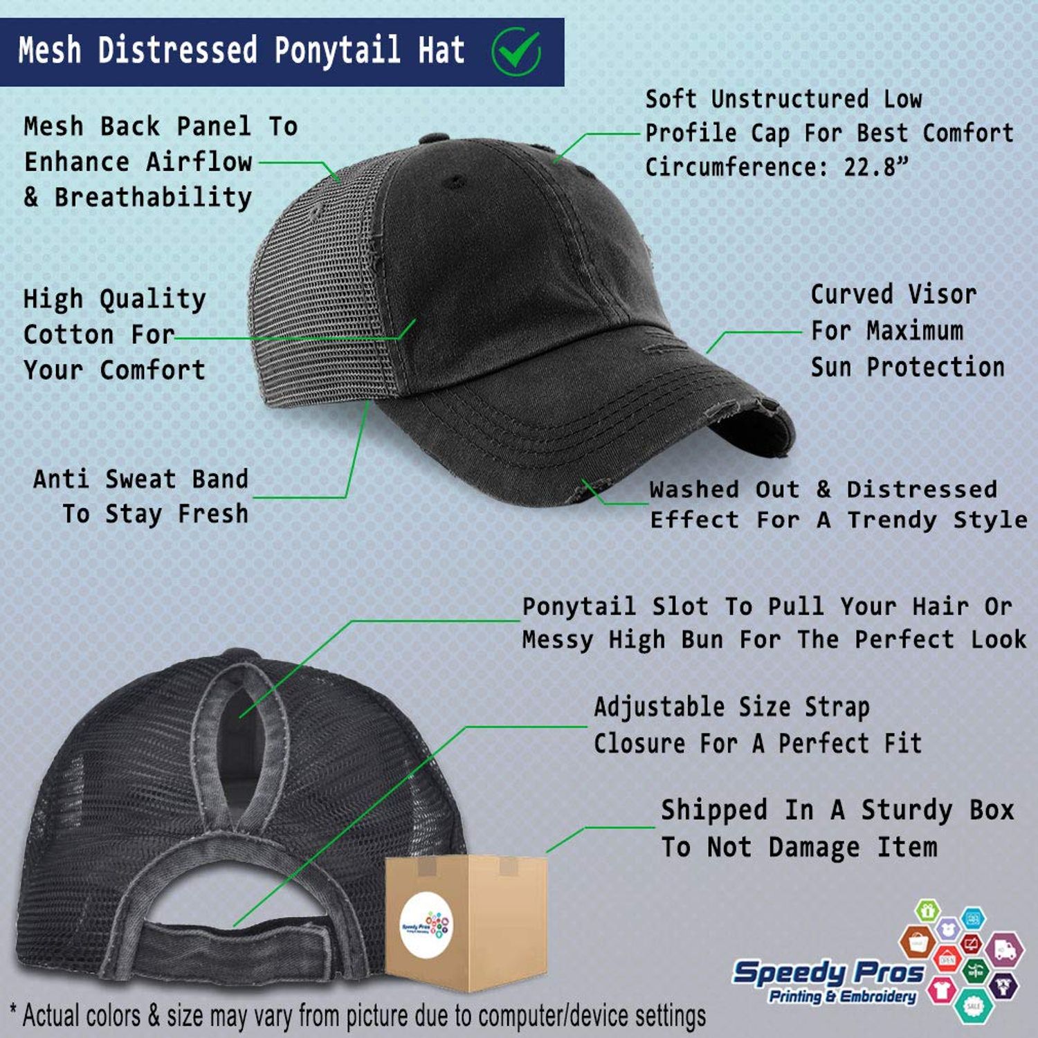Speedy Pros Womens Ponytail Cap American Army Mom Embroidery Cotton Distressed Trucker Hats Strap Closure Black